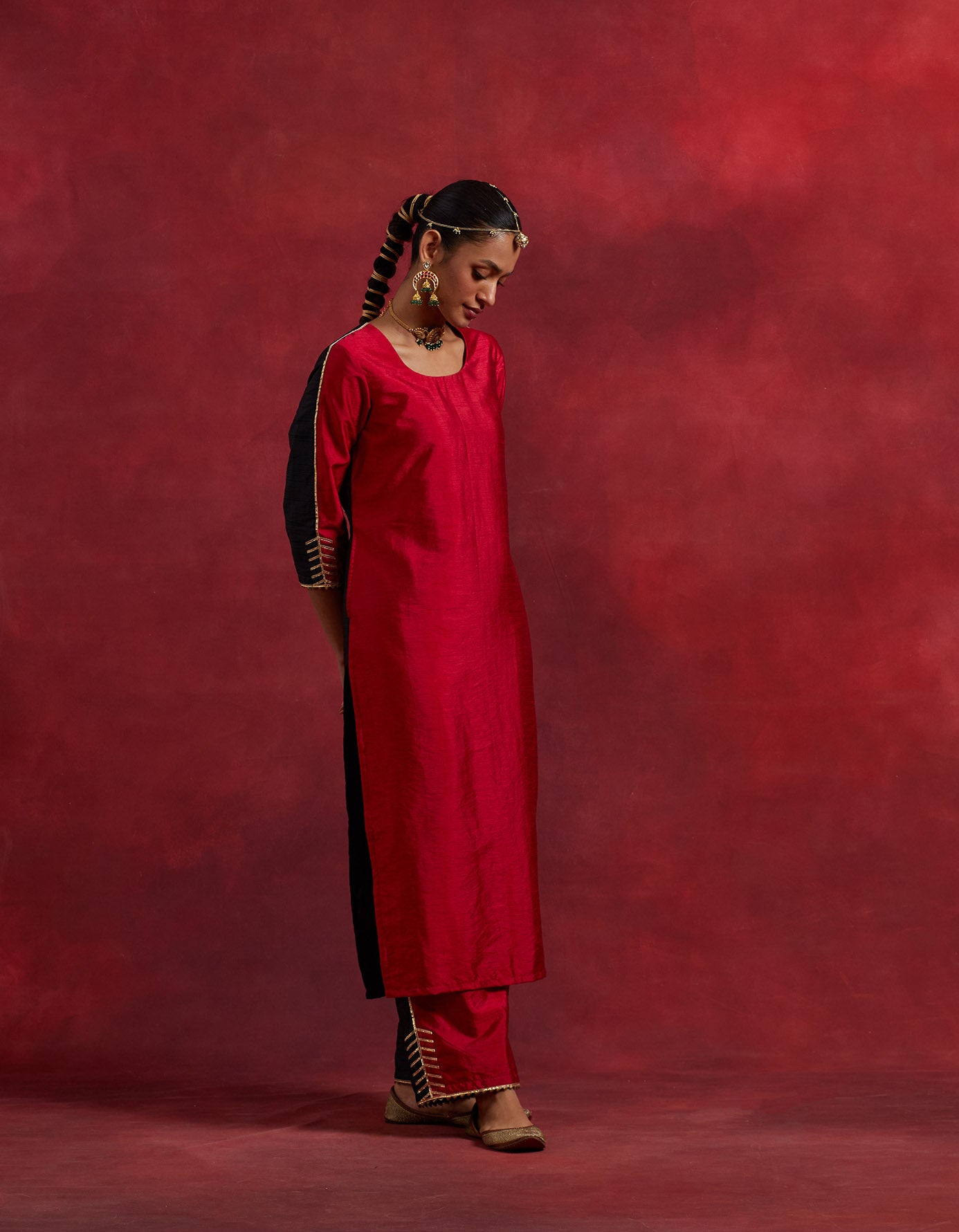 Red Black Raw Silk Half And Half Kurta Set (Set Of 3)