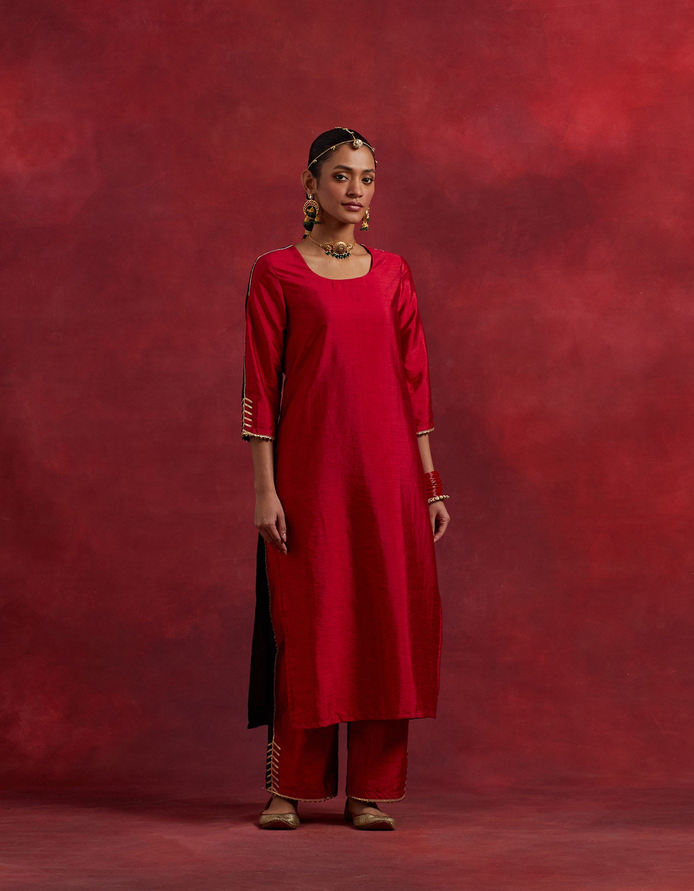 Red Black Raw Silk Half And Half Kurta Set (Set Of 3)