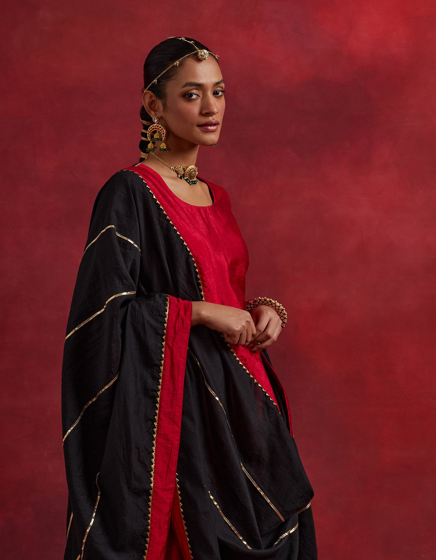 Red Black Raw Silk Half And Half Kurta Set (Set Of 3)