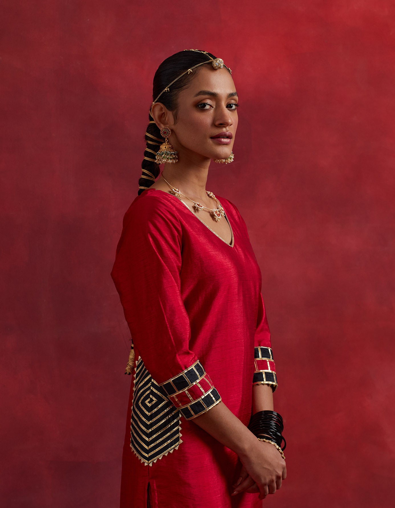 Red Black Raw Silk Mira Kurta Set (Set Of 2)