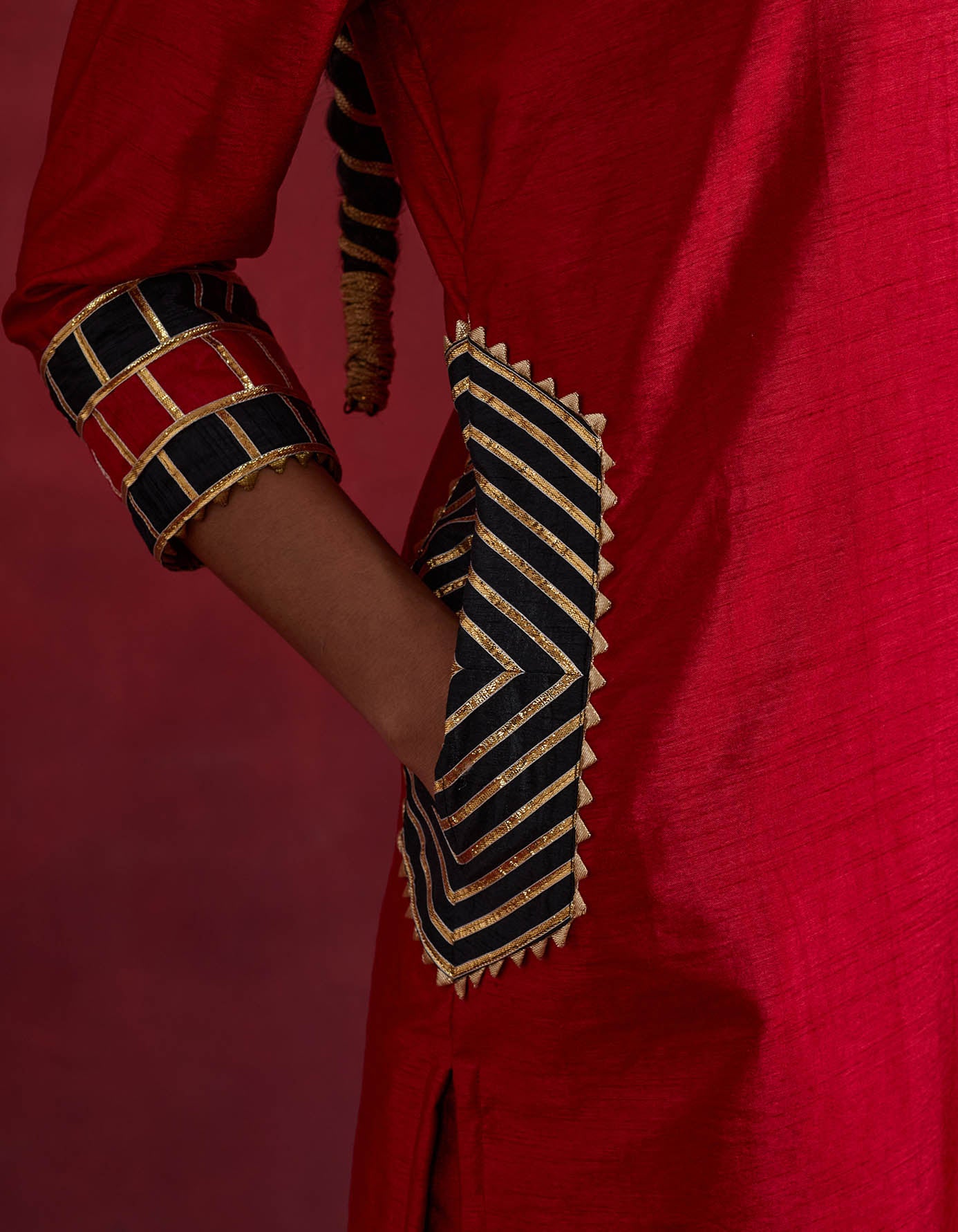 Red Black Raw Silk Mira Kurta Set (Set Of 3)