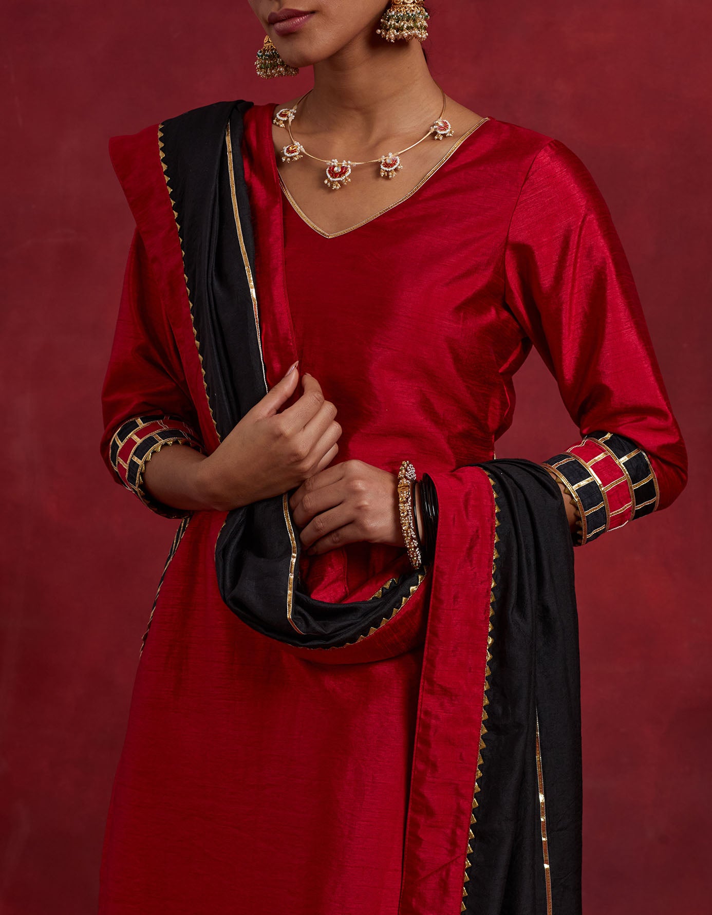 Red Black Raw Silk Mira Kurta Set (Set Of 3)