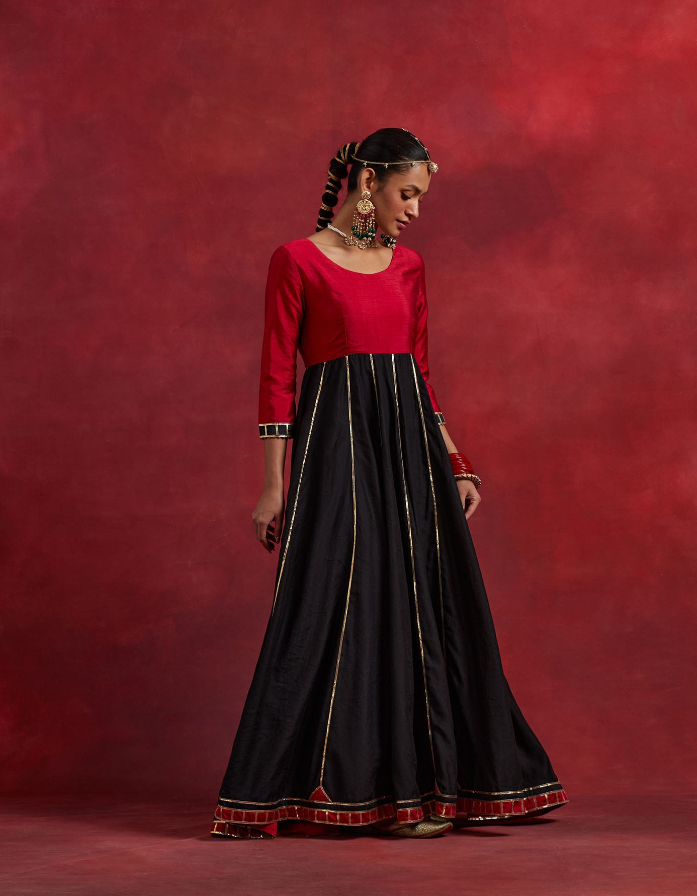 Red Black Raw Silk And Chanderi Ghoomar Kurta Set (Set Of 2)