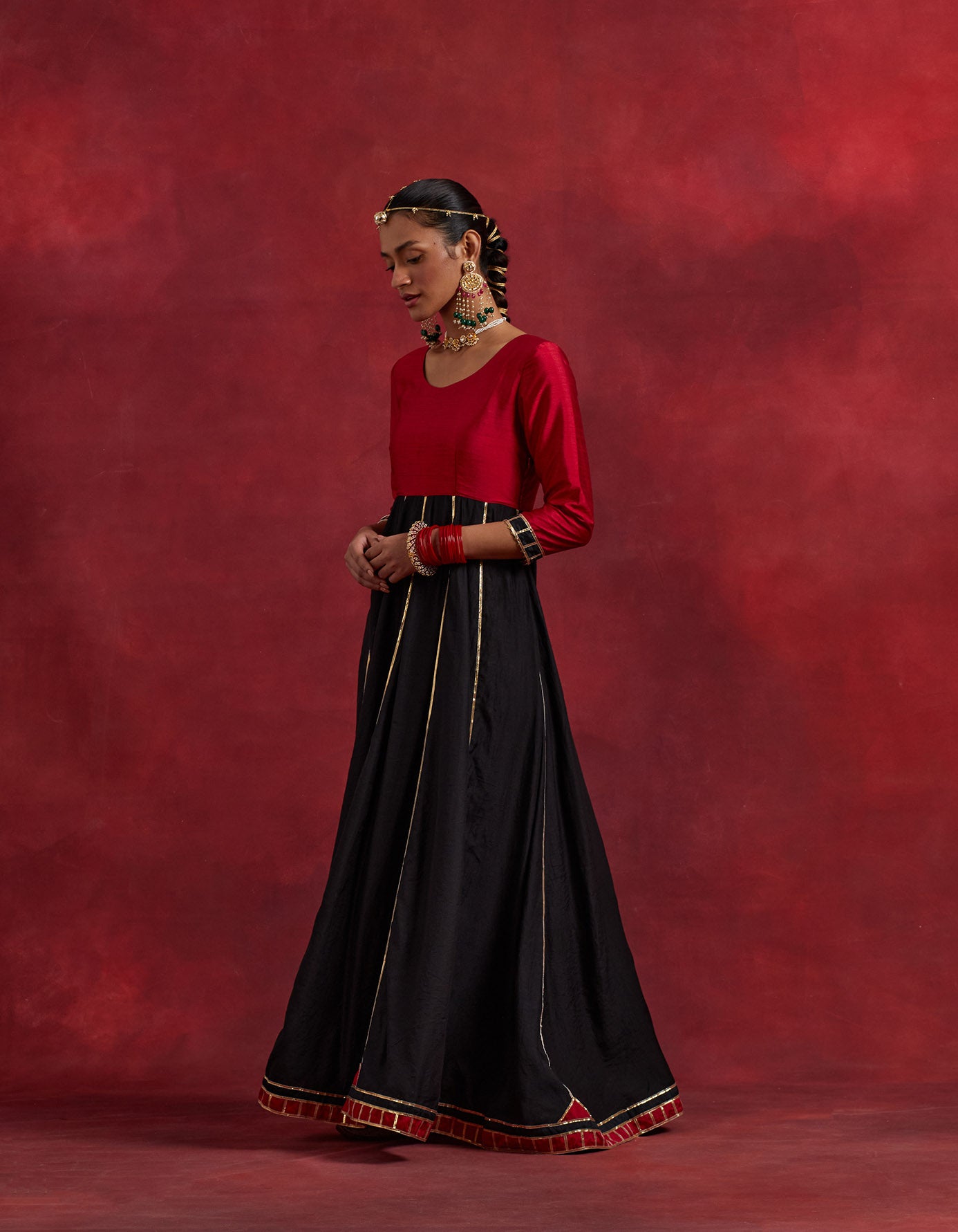 Red Black Raw Silk And Chanderi Ghoomar Kurta Set (Set Of 2)