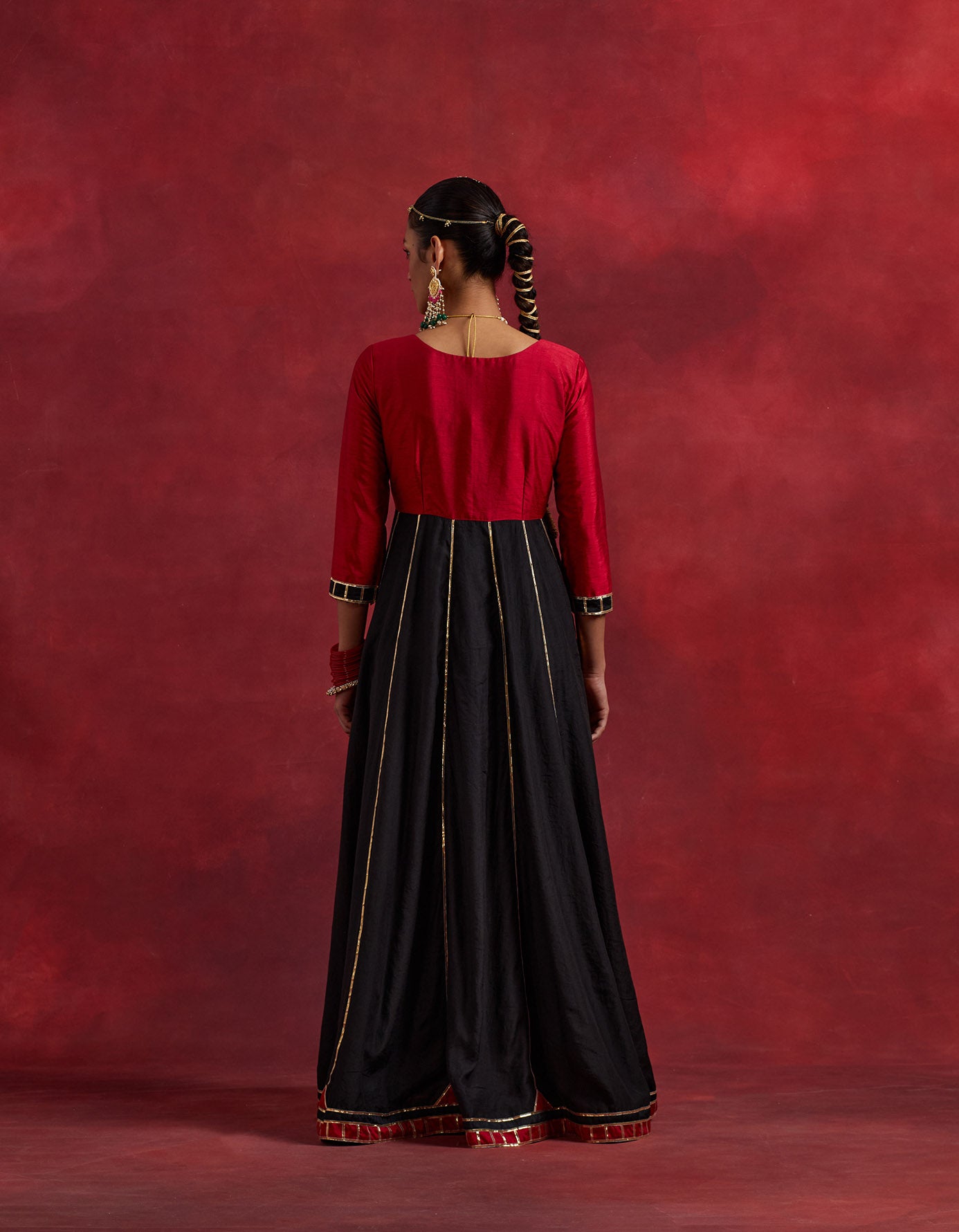 Red Black Raw Silk And Chanderi Ghoomar Kurta Set (Set Of 2)