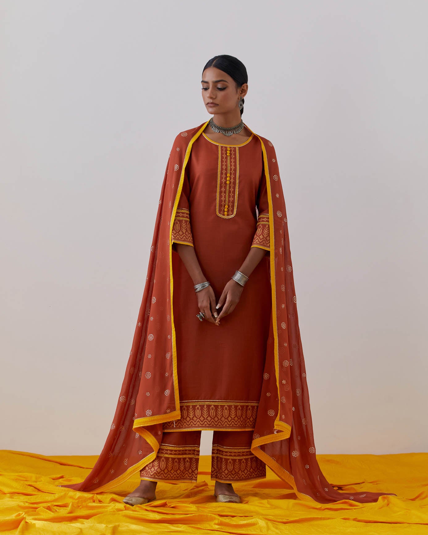 Rust Cotton Rozana Kurta Set (Set Of 3)