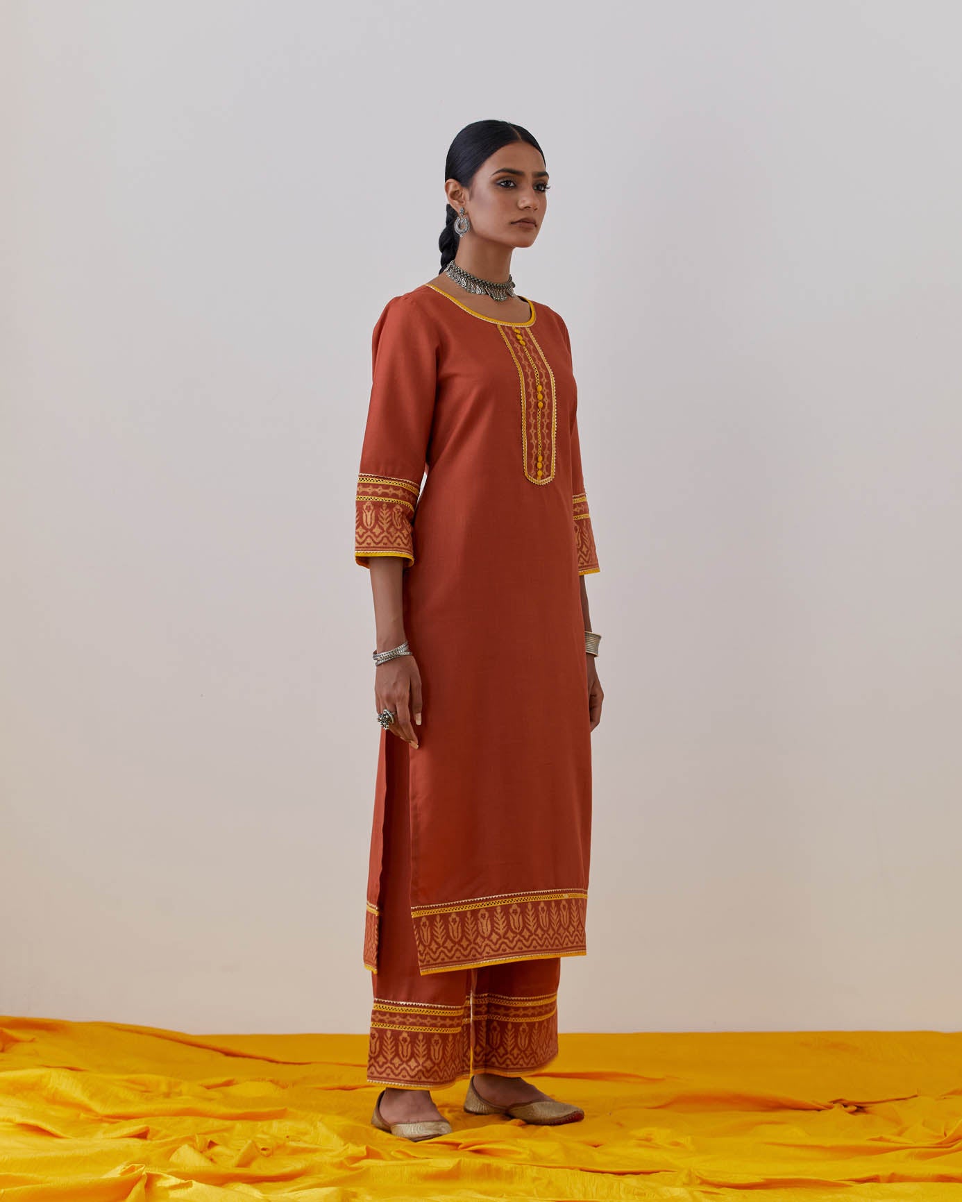 Rust Cotton Rozana Kurta Set (Set Of 3)