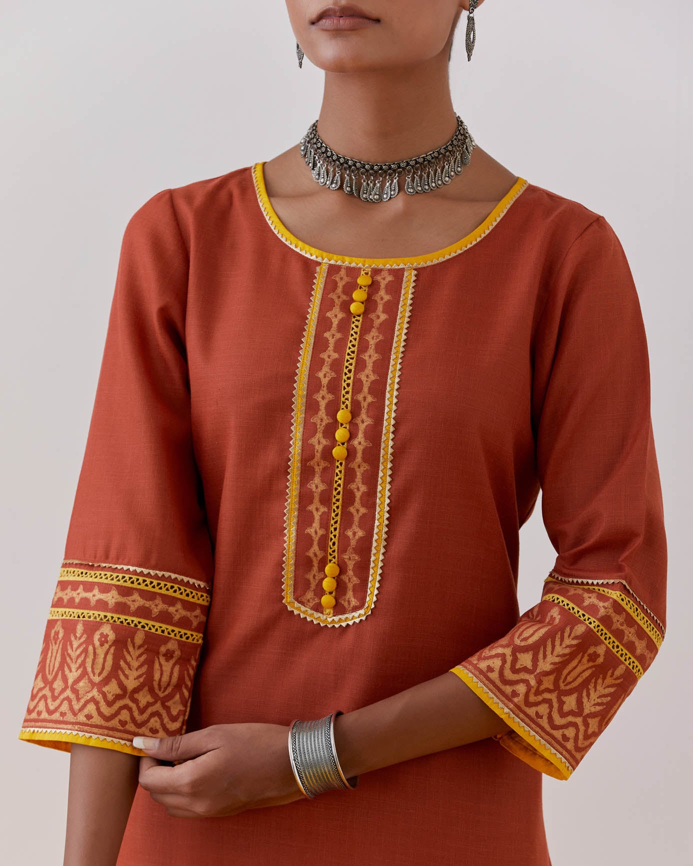 Rust Cotton Rozana Kurta Set (Set Of 3)