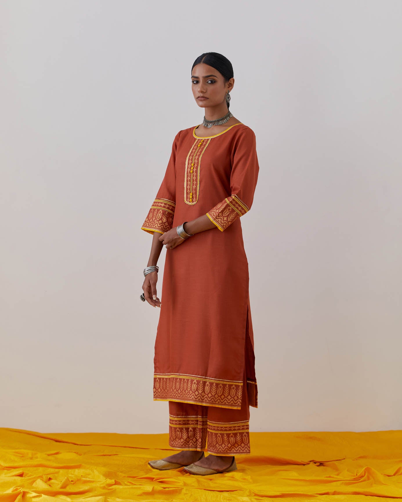 Rust Cotton Rozana Kurta Set (Set Of 3)