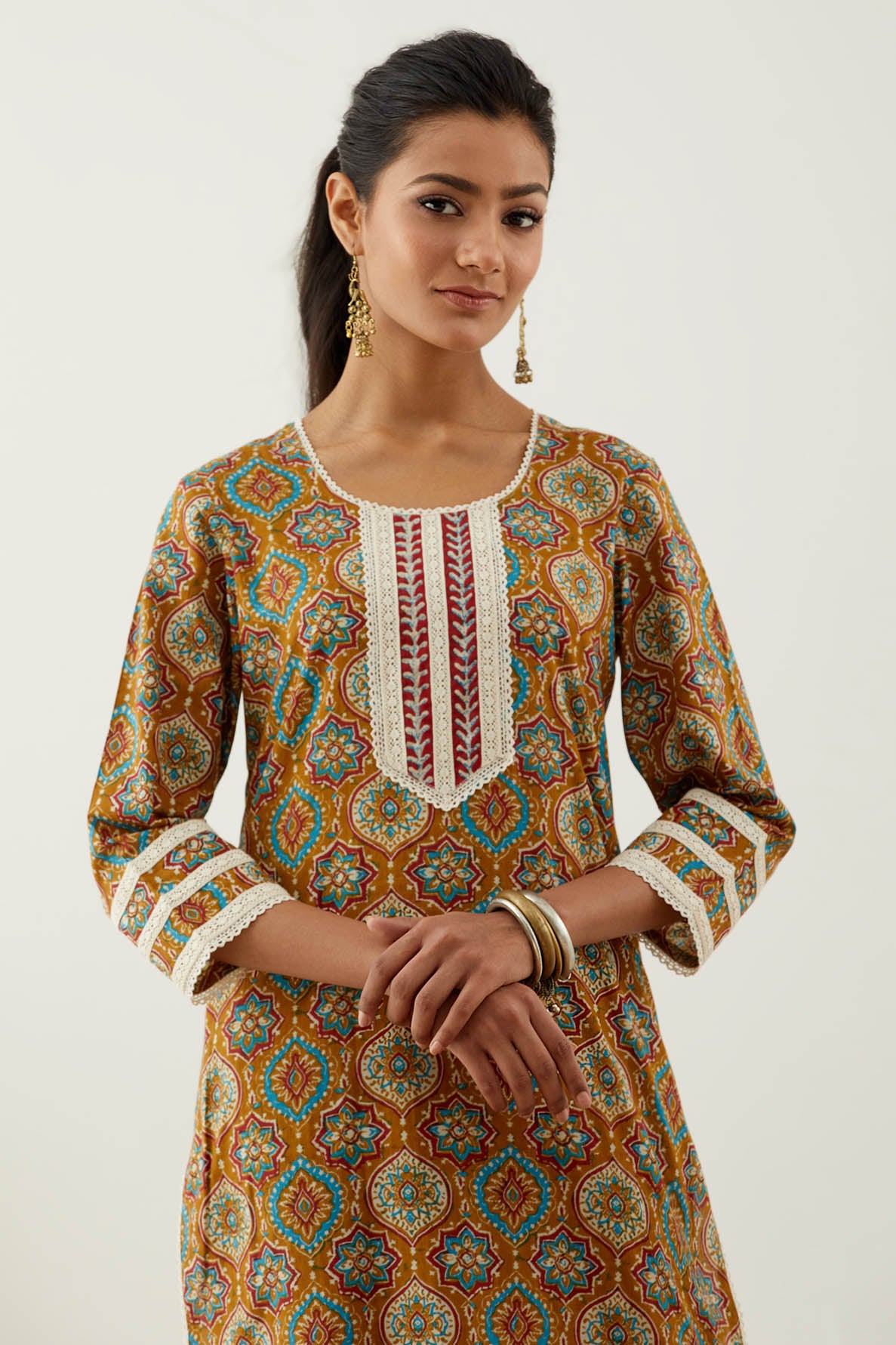 Mustard Cotton Printed Kurta with Pant (Set of 2)