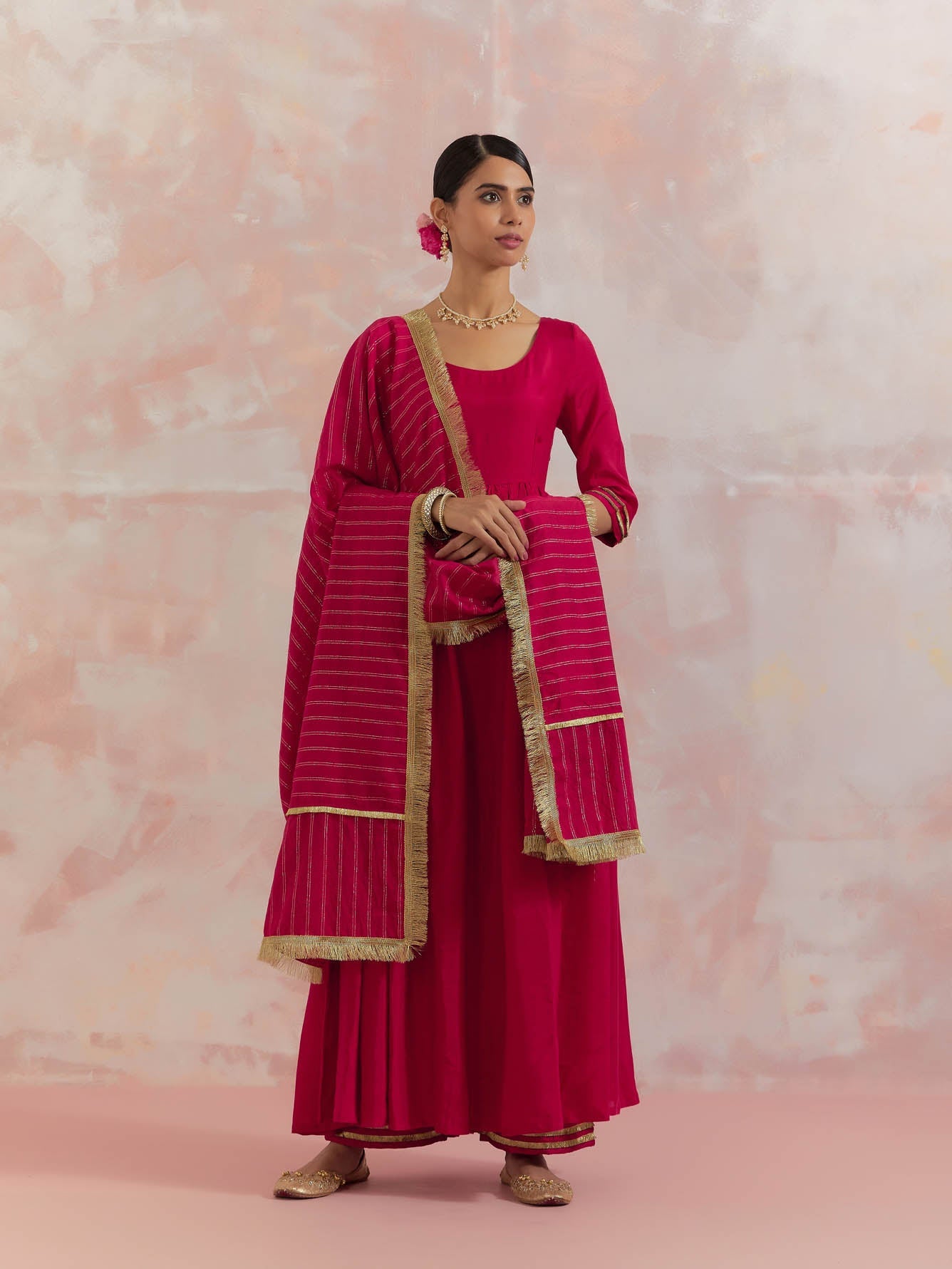 Red Afreen Gathered Anarkali Kurta With Pant (Set Of 2) - The Indian Cause