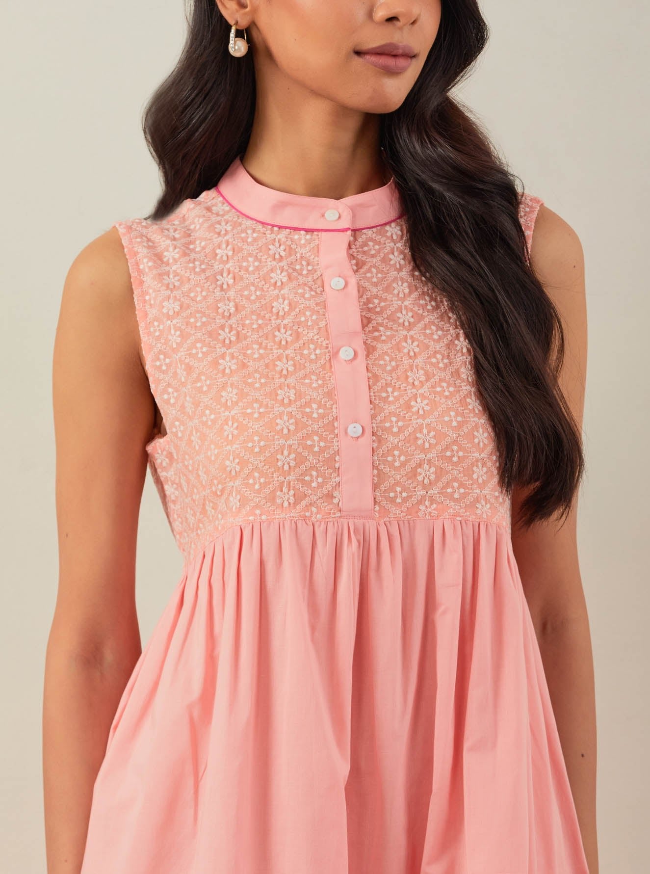 Peach Amore Placket Short Dress With Chikankari Detail - The Indian Cause