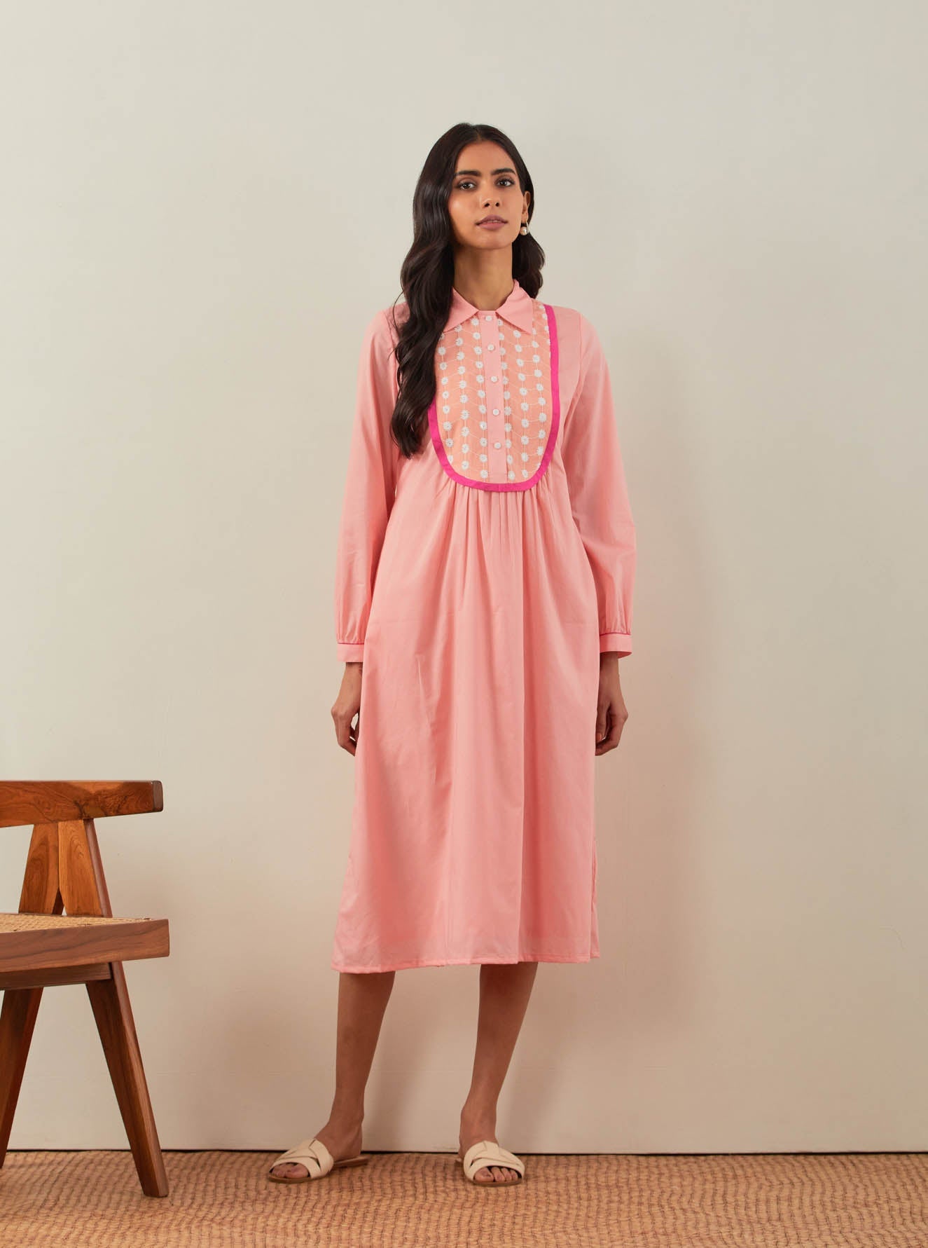 Peach Plain Zaid Collared Long Dress With Chikankari Yoke - The Indian Cause