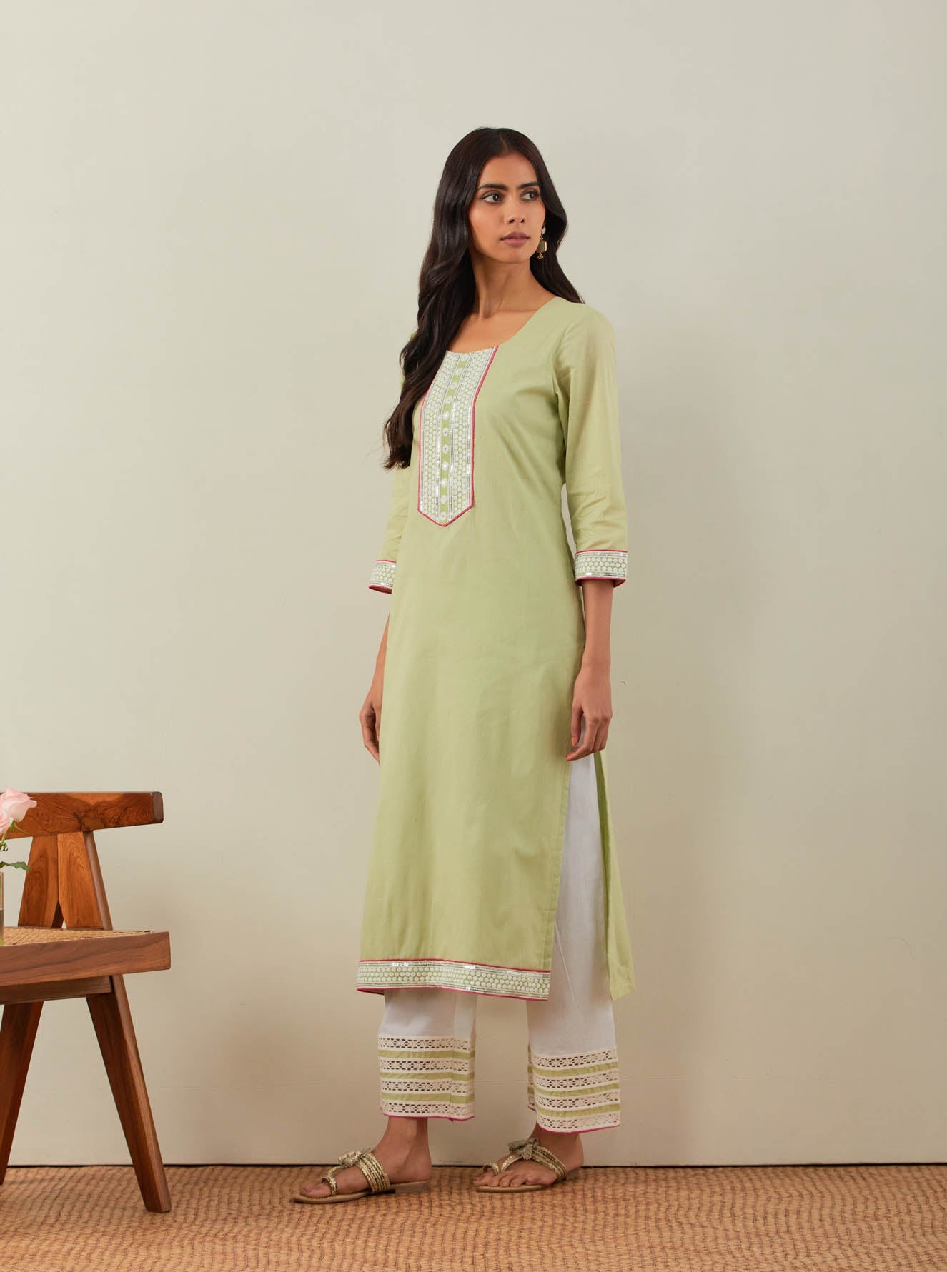 Green Plain Rozana Straight Kurta With Chikankari Placket and Palazzo with wide lace detail (Set of 2) - The Indian Cause