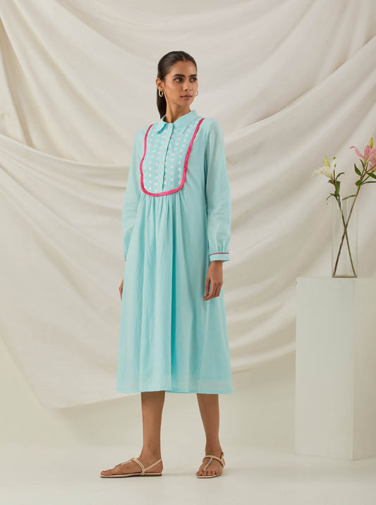 Blue Plain Zaid Collared Long Dress With Chikankari Yoke - The Indian Cause