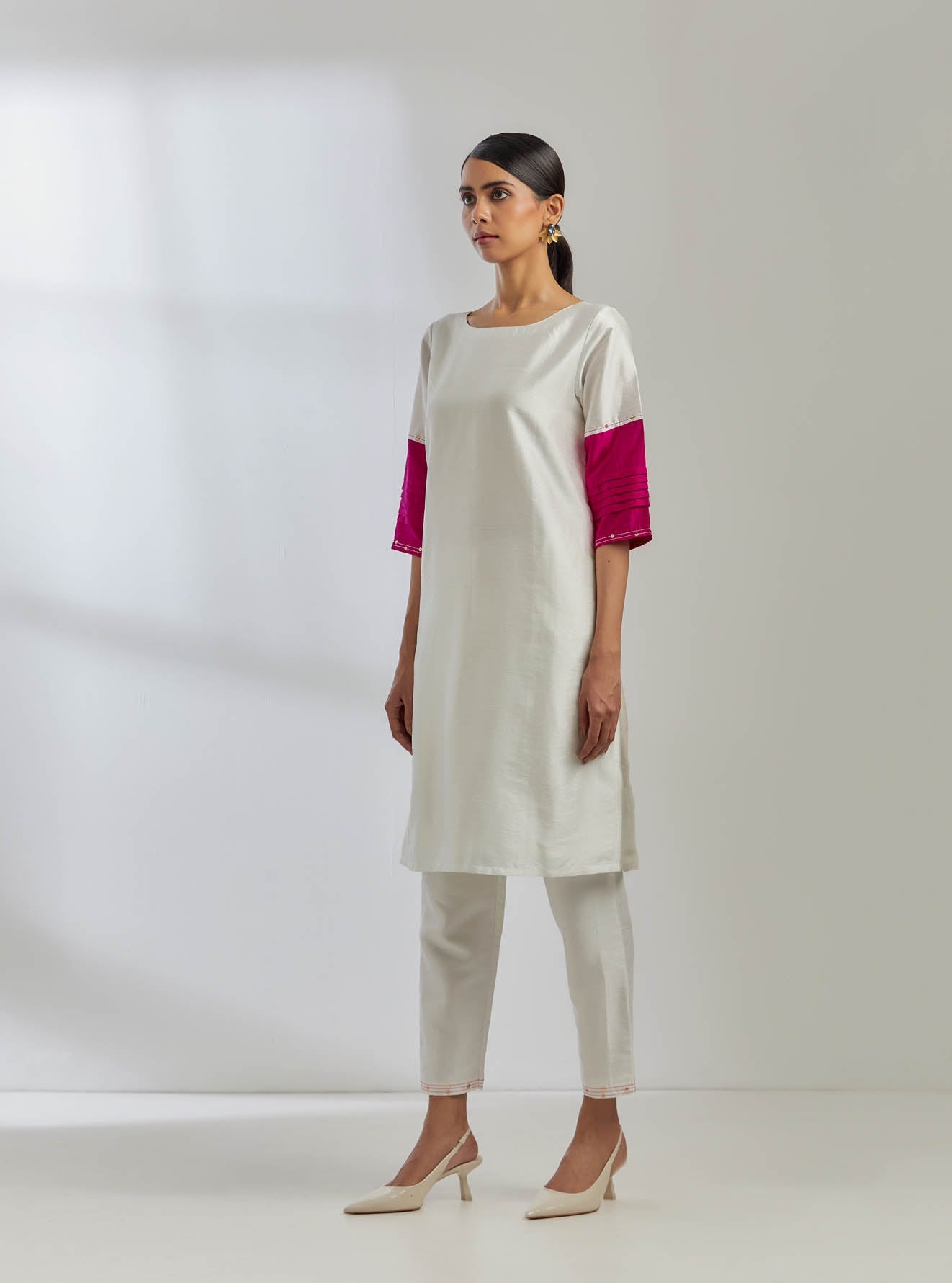 White Raw Silk Jenifer Kurta With White Pant (Set Of 2) - The Indian Cause