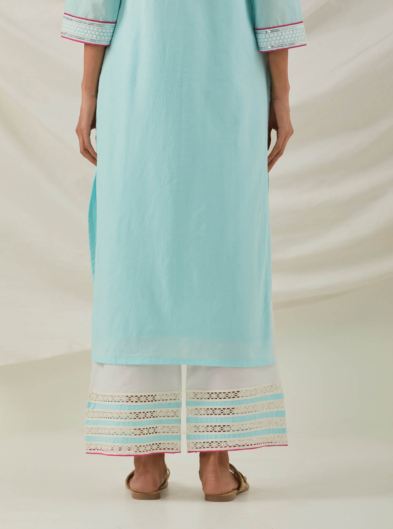 Blue Plain Rozana Straight Kurta With Chikankari Placket and Palazzo with wide lace detail (Set of 2) - The Indian Cause