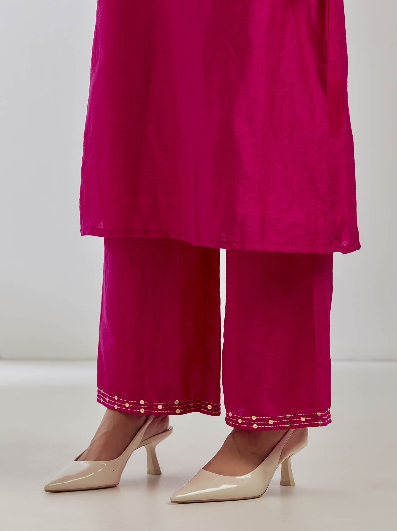 Pink Raw Silk Collared Kurta With Pink Palazzo (Set Of 2) - The Indian Cause