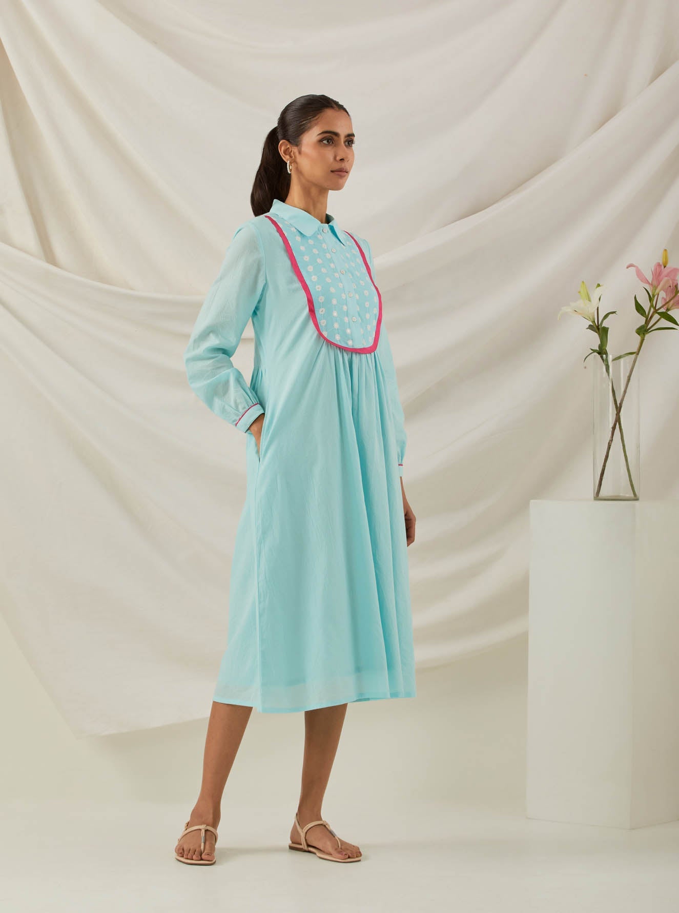 Blue Plain Zaid Collared Long Dress With Chikankari Yoke - The Indian Cause