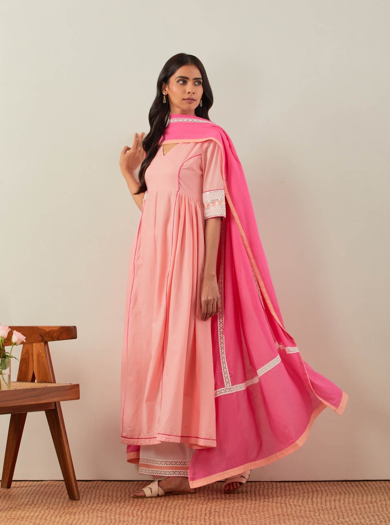 Peach Plain Markab Anarkali Kurta With Chikankari Border - The Indian Cause