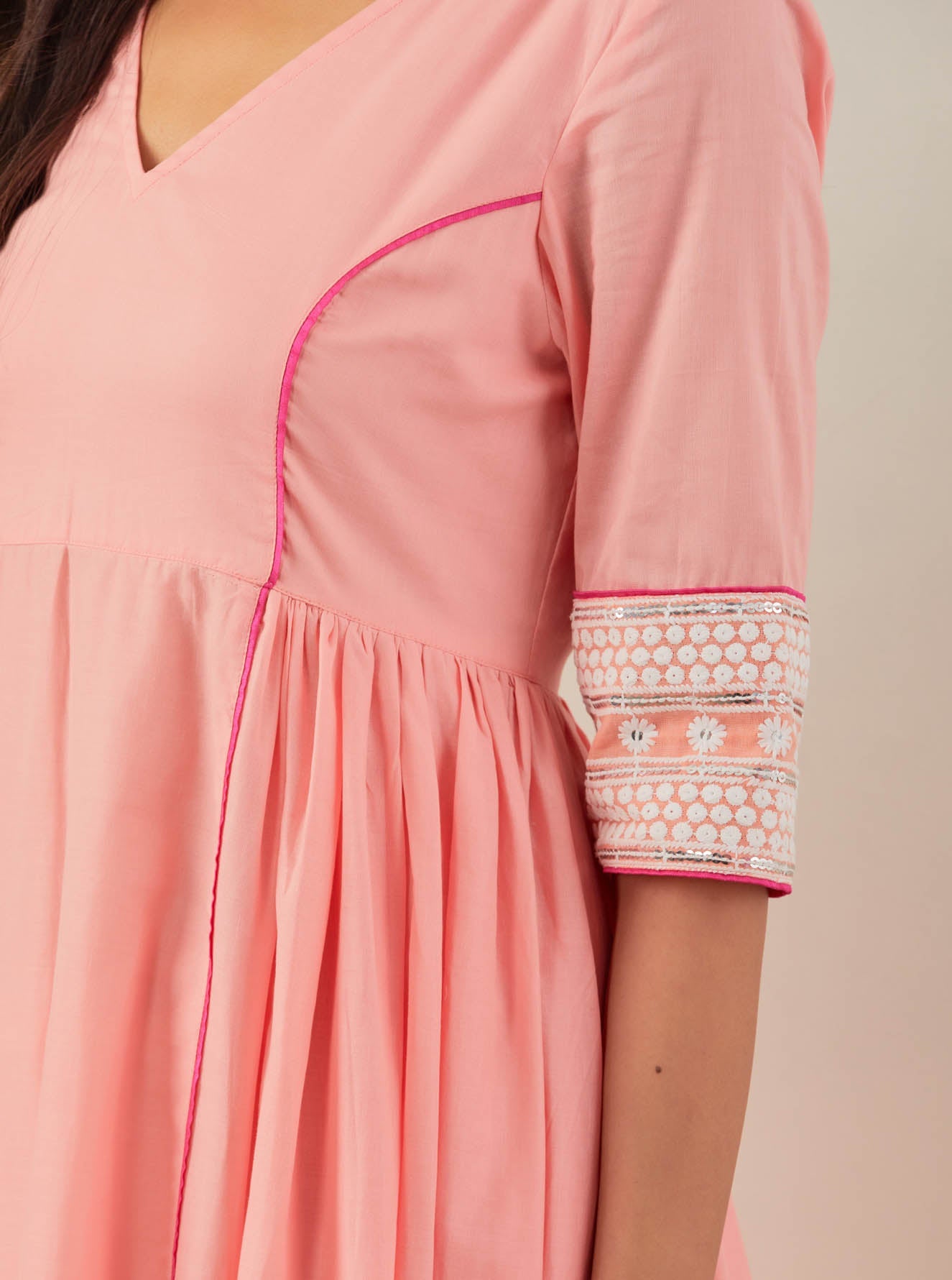 Peach Plain Markab Anarkali Kurta With Chikankari Border - The Indian Cause