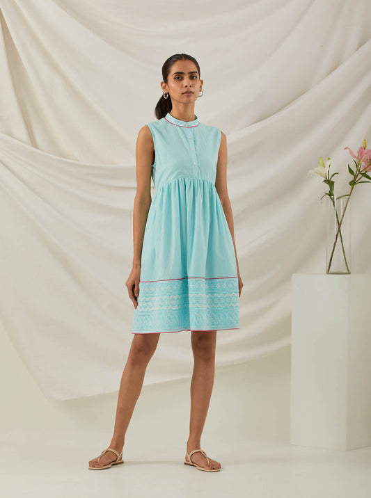 Blue Plain Amore Placket Short Dress With Chikankari Border - The Indian Cause