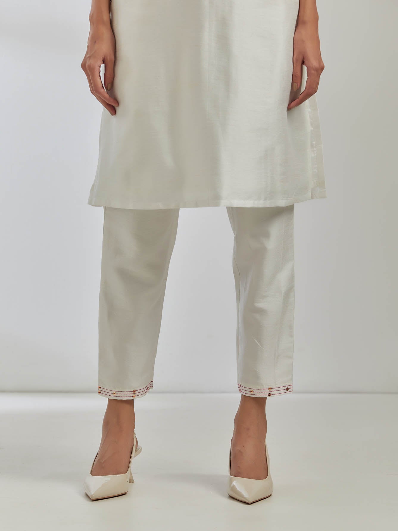 White Raw Silk Jenifer Kurta With White Pant (Set Of 2) - The Indian Cause