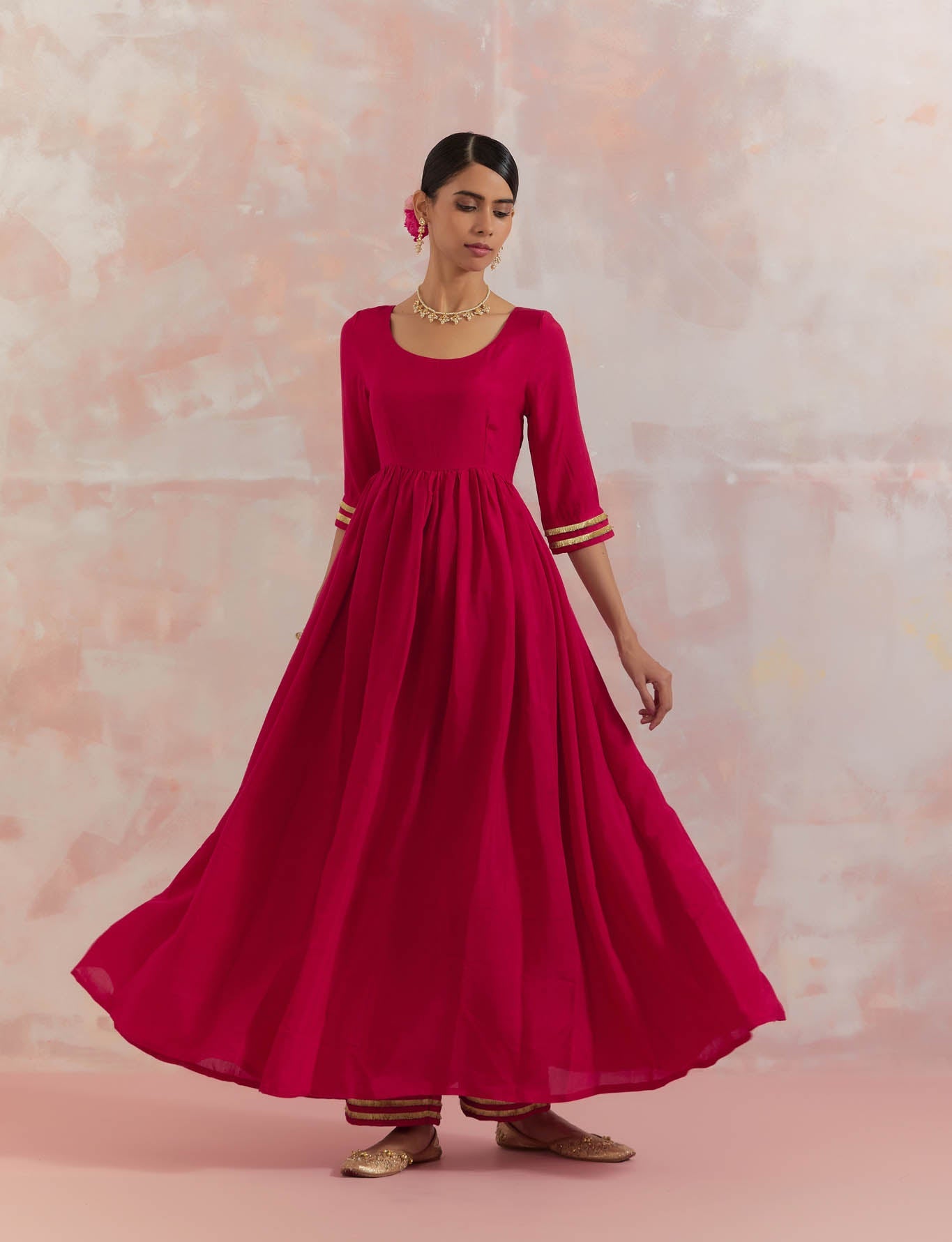 Red Afreen Gathered Anarkali Kurta With Pant (Set Of 2) - The Indian Cause