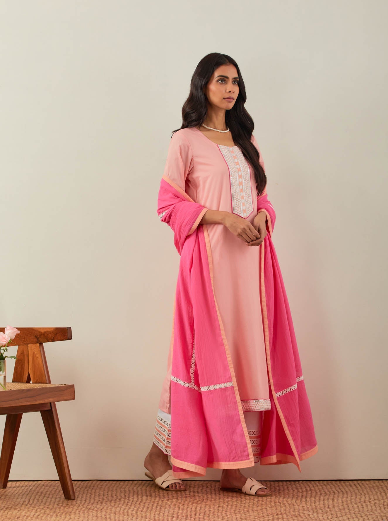 Peach Plain Rozana Straight Kurta With Chikankari Placket - The Indian Cause