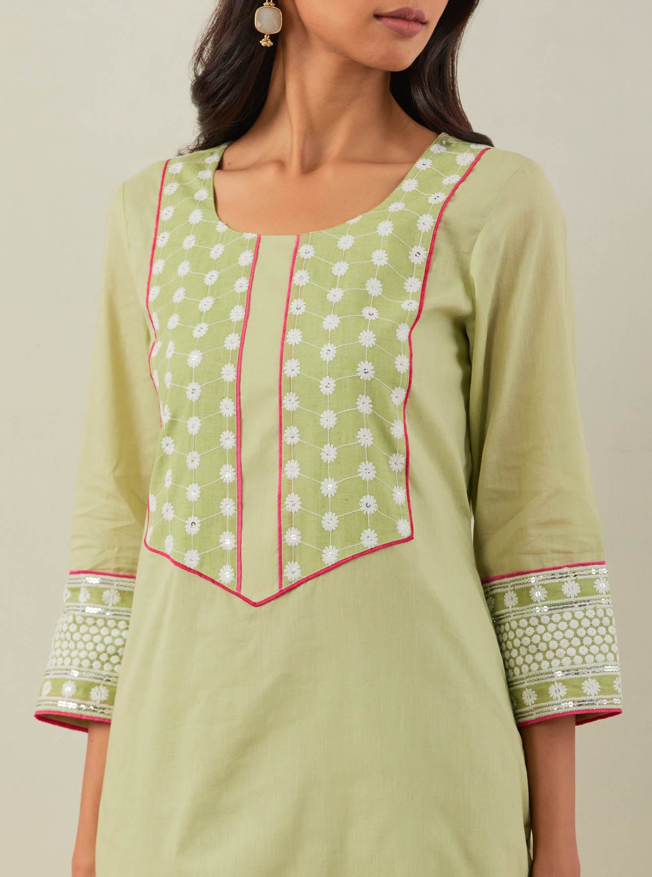 Green Plain Rooh Straight Kurta With Chikankari Yoke Details - The Indian Cause
