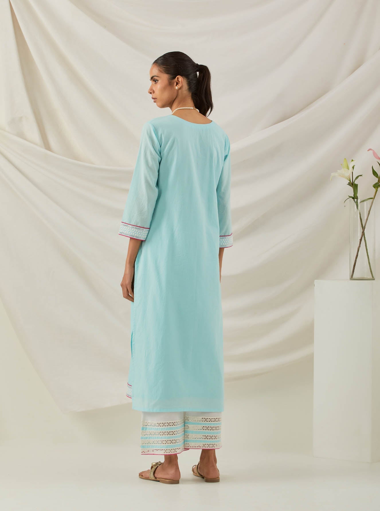 Blue Plain Rozana Straight Kurta With Chikankari Placket - The Indian Cause