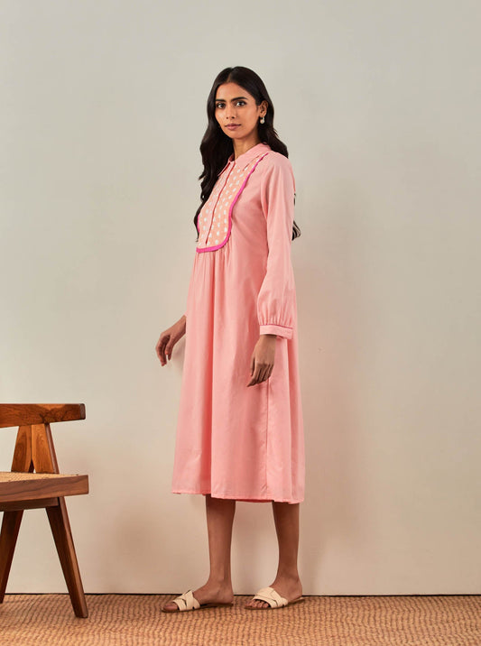 Peach Plain Zaid Collared Long Dress With Chikankari Yoke - The Indian Cause