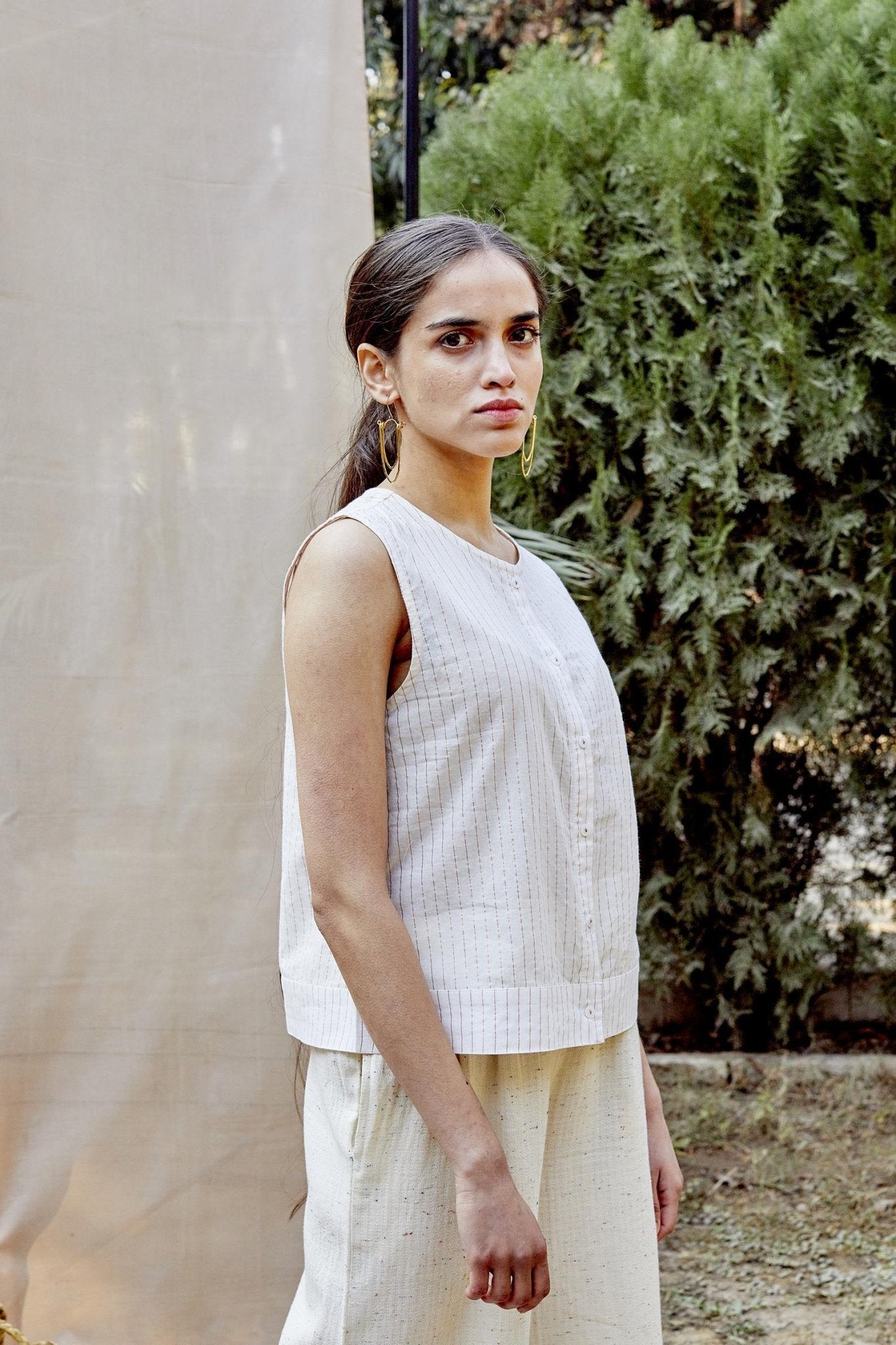 White Copper Zari Stripe Shirt Top - The Indian Cause