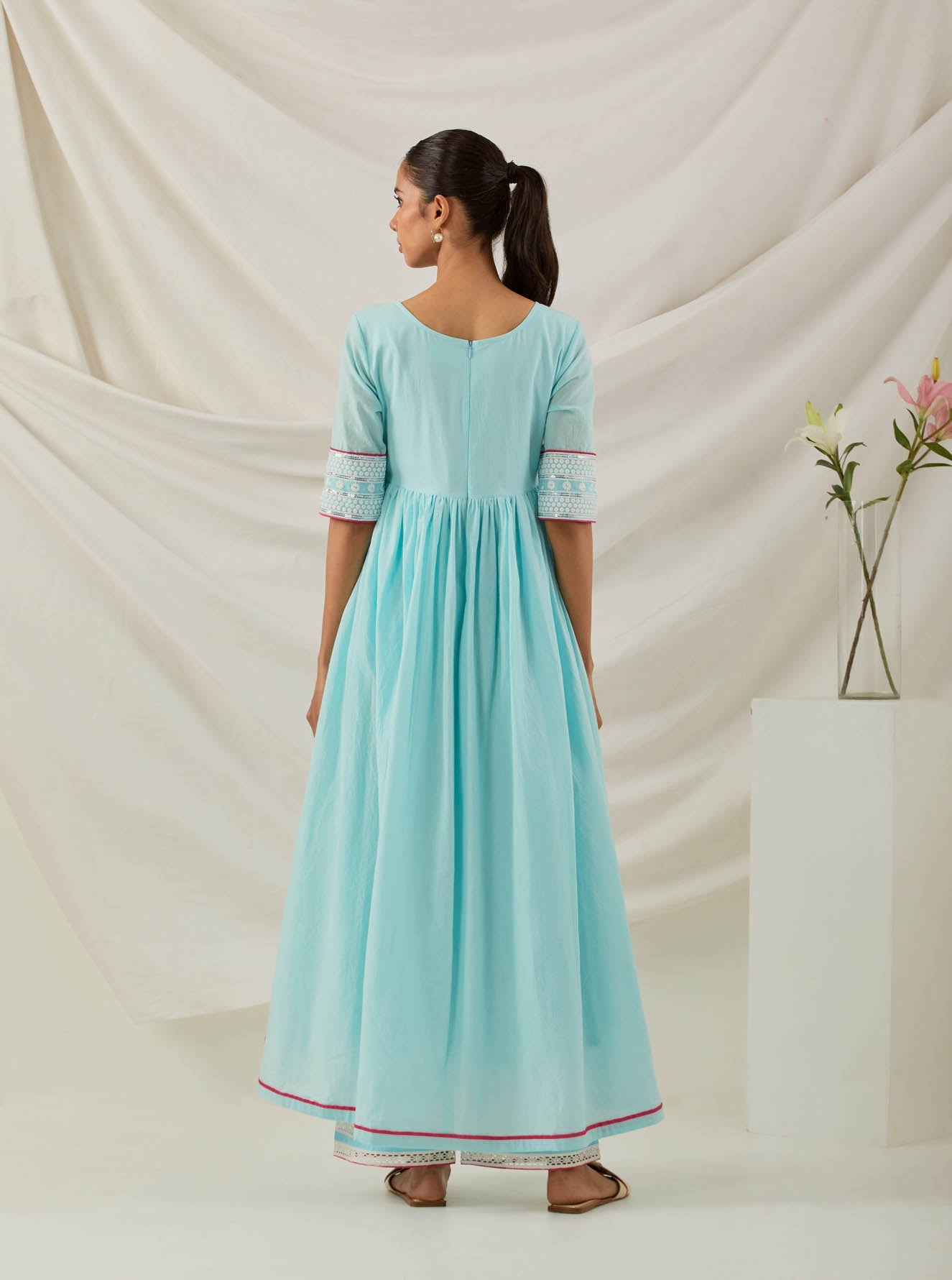 Blue Plain Markab Anarkali Kurta With Chikankari Border - The Indian Cause