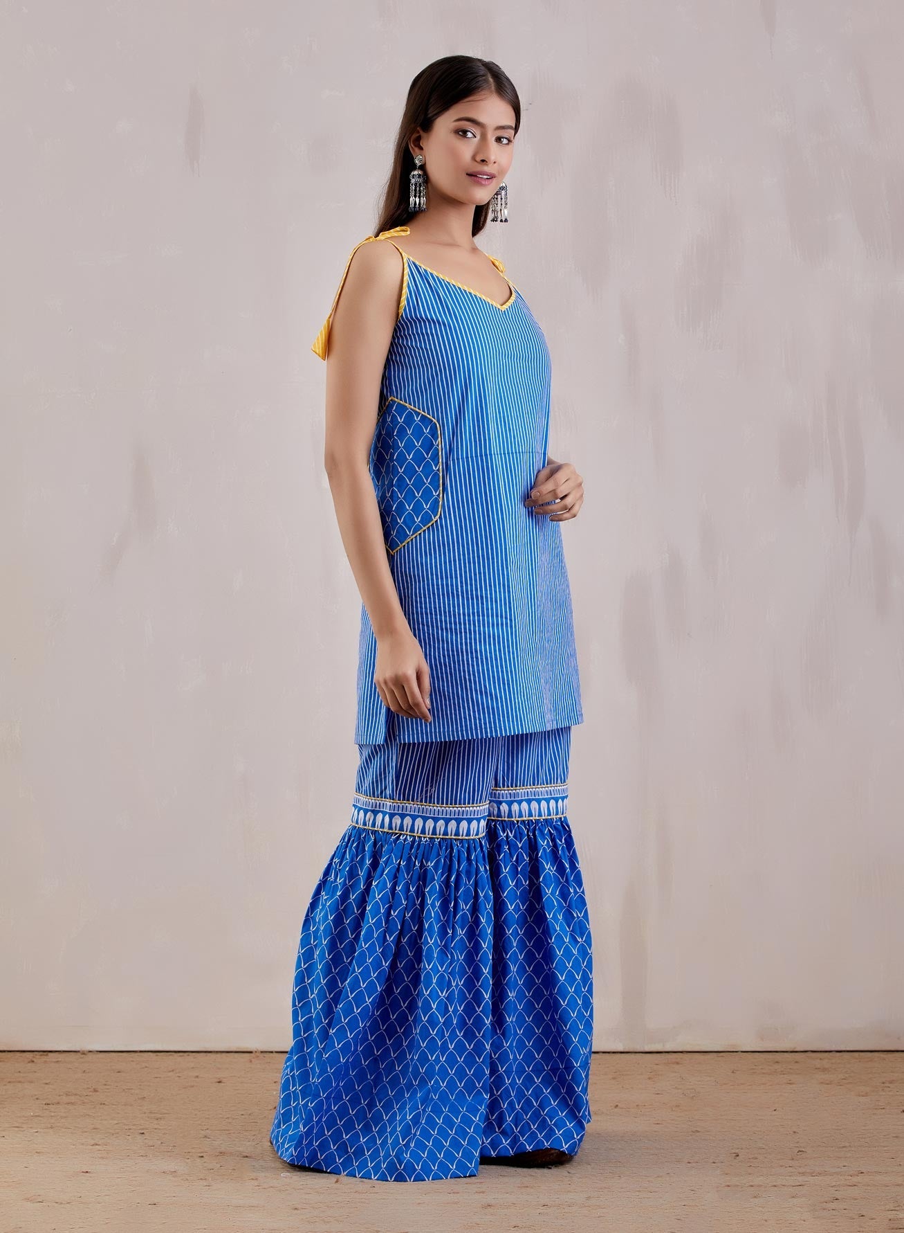 Blue Cotton Printed Strappy Kurta with Sharara and Dupatta (Set of 3) - The Indian Cause