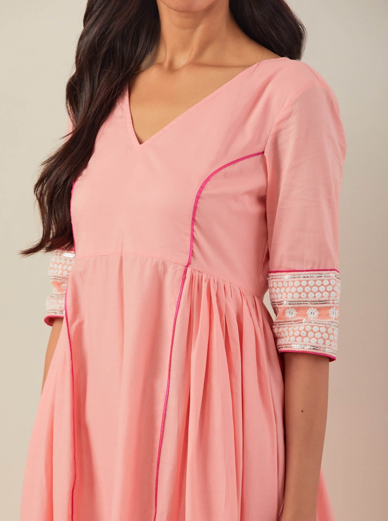 Peach Plain Markab Anarkali Dress With Chikankari Border - The Indian Cause
