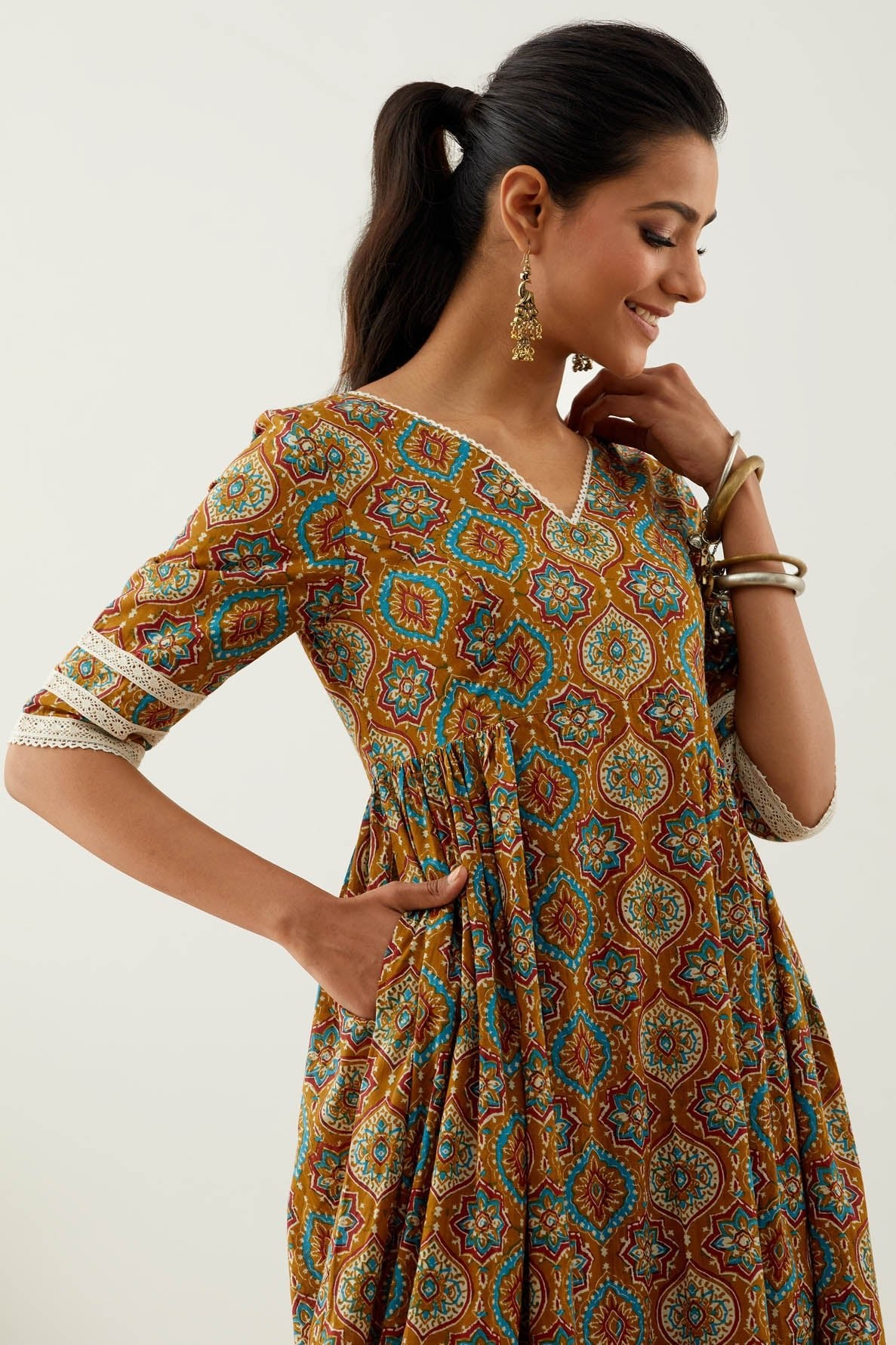 Mustard Cotton Printed Markab Anarkali Kurta - The Indian Cause