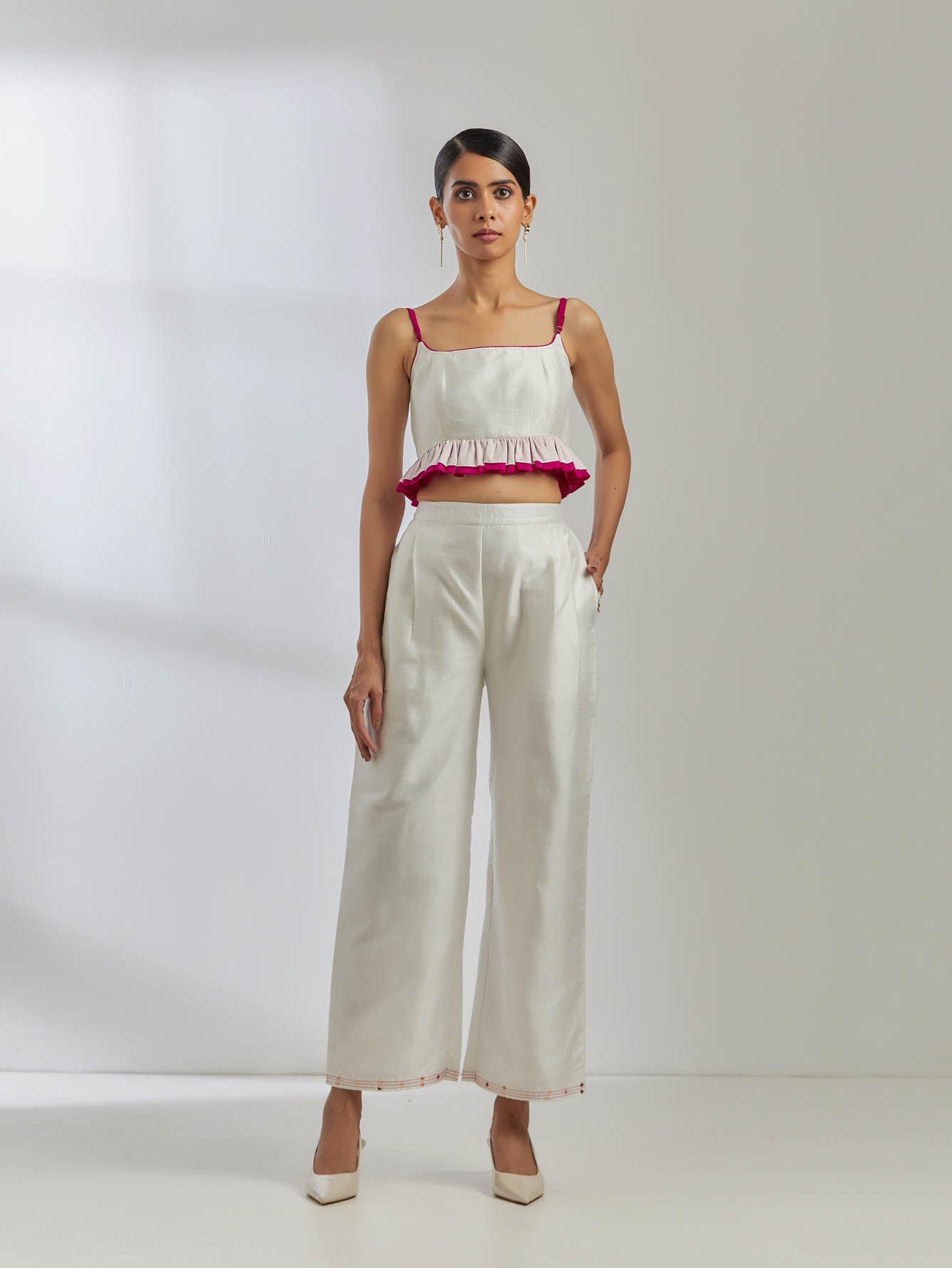White Raw Silk Rigel Top With White Palazzo (Set Of 2) - The Indian Cause