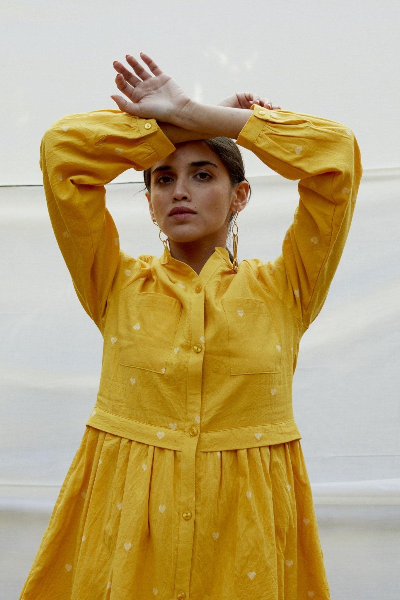 Yellow Cotton Dobby Shirt Dress - The Indian Cause