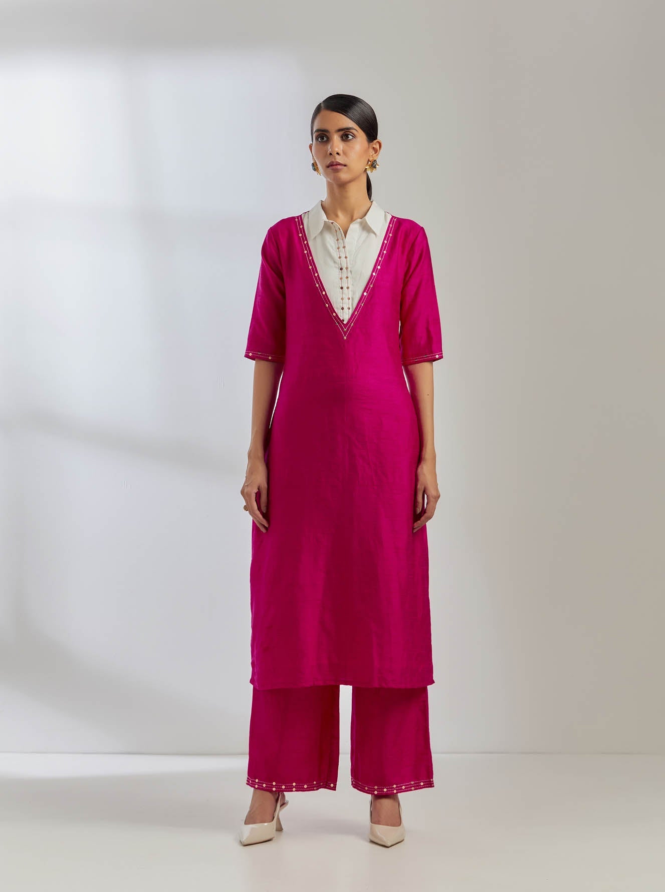 Pink Raw Silk Collared Kurta With Pink Palazzo (Set Of 2) - The Indian Cause