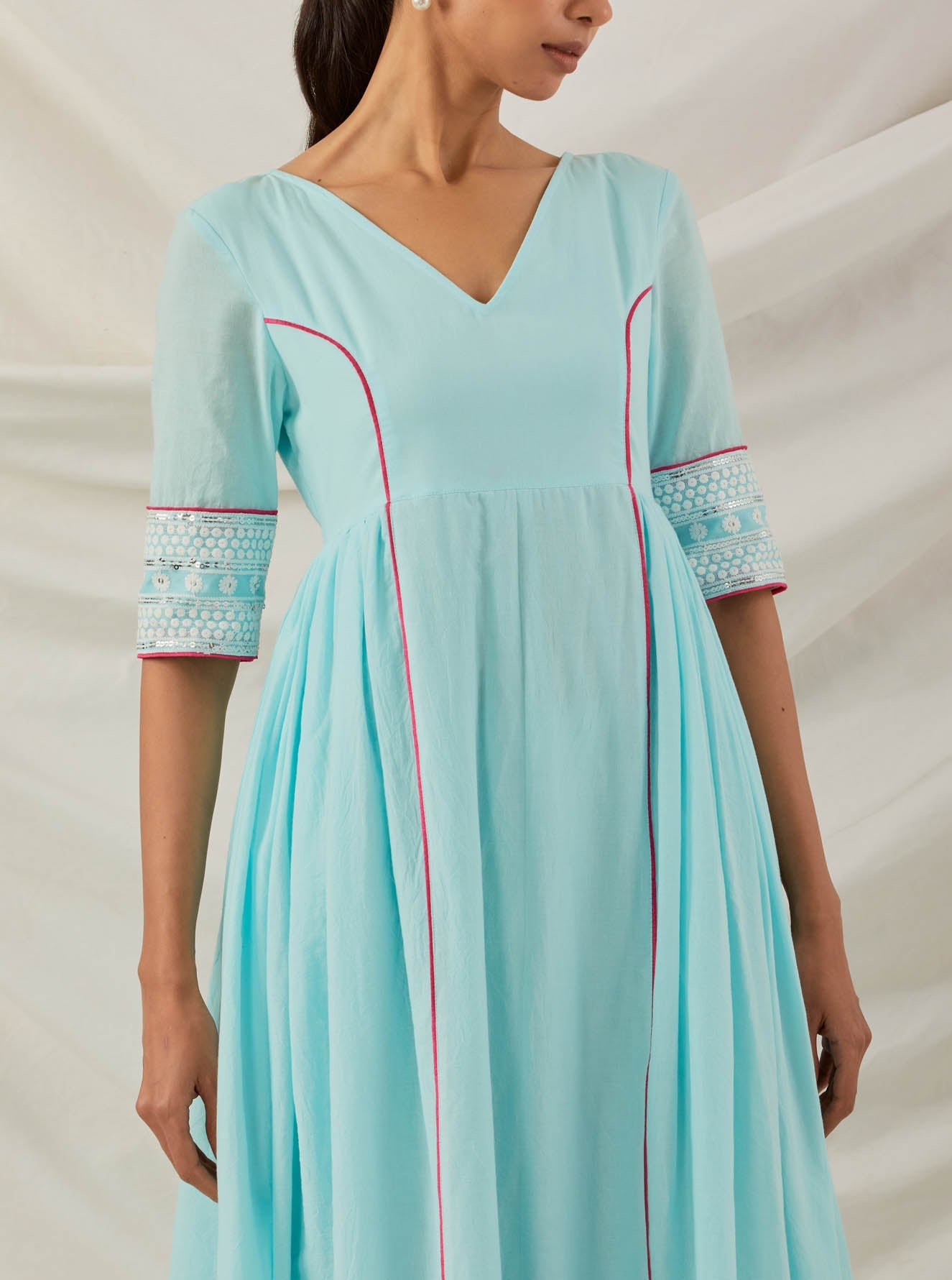 Blue Plain Markab Anarkali Kurta With Chikankari Border - The Indian Cause