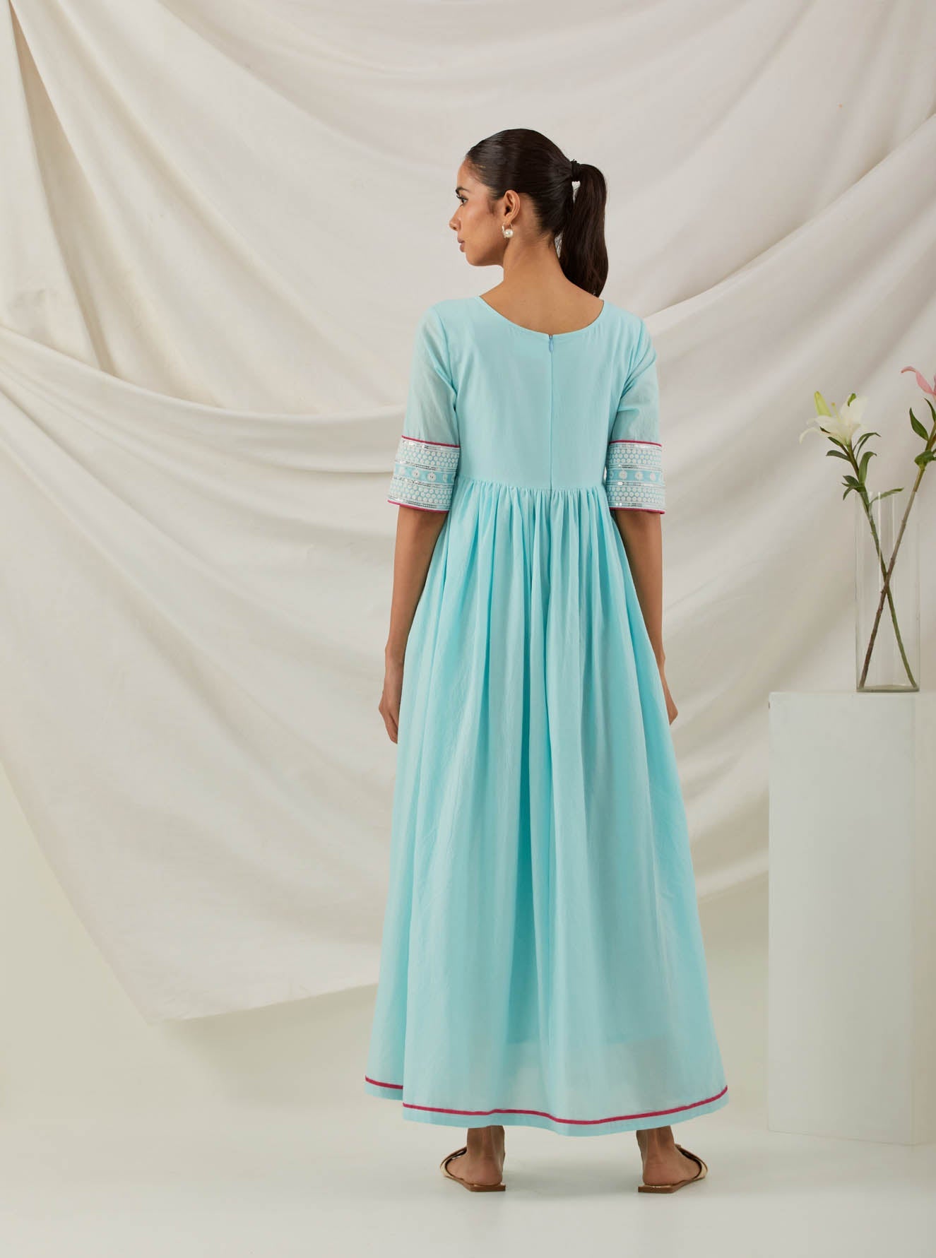 Blue Plain Markab Anarkali Dress With Chikankari Border - The Indian Cause