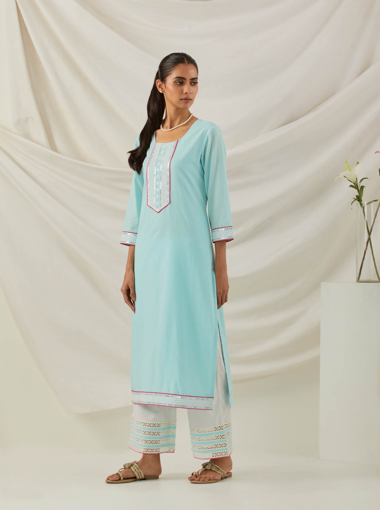 Blue Plain Rozana Straight Kurta With Chikankari Placket and Palazzo with wide lace detail (Set of 2) - The Indian Cause