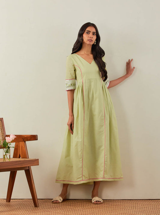 Green Plain Markab Anarkali Dress With Chikankari Border - The Indian Cause