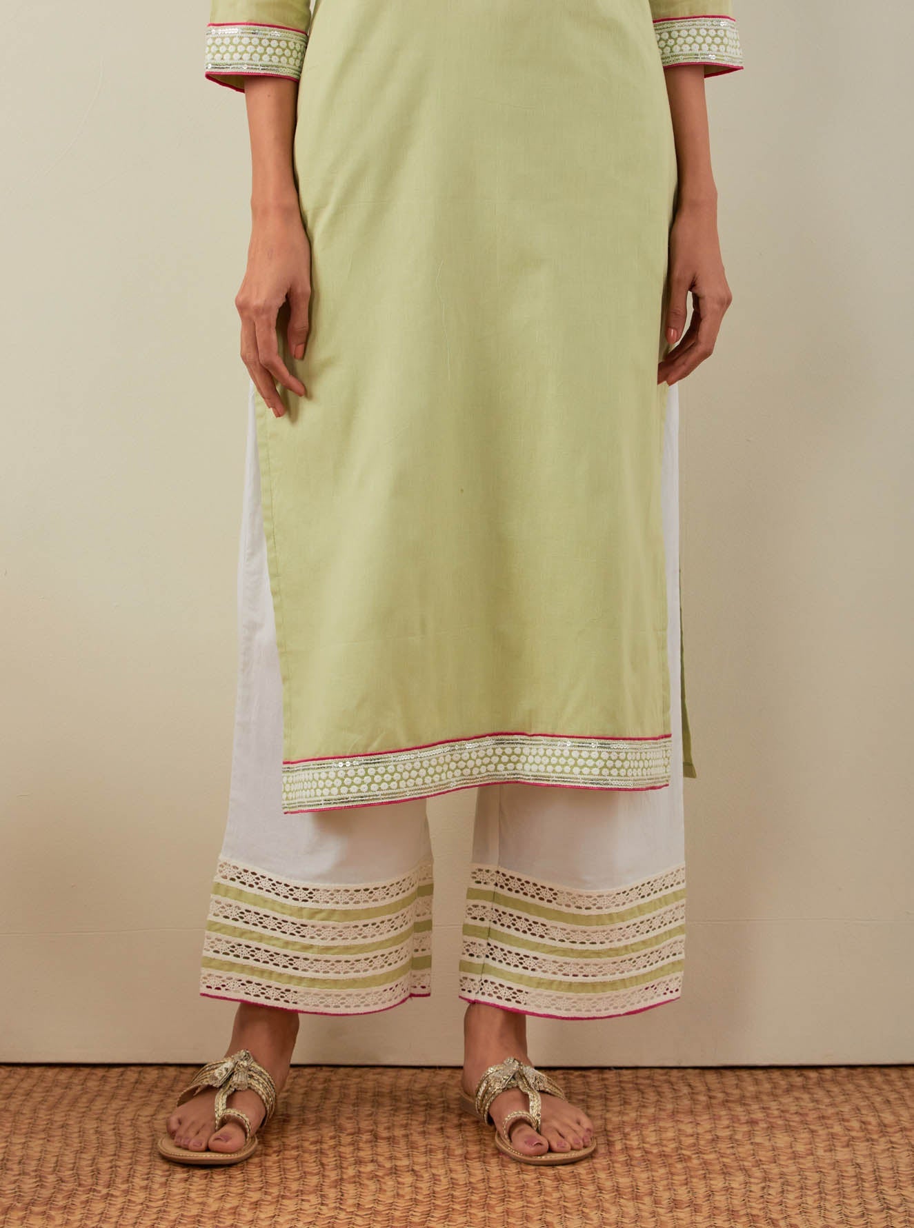 Green Plain Rozana Straight Kurta With Chikankari Placket and Palazzo with wide lace detail (Set of 2) - The Indian Cause