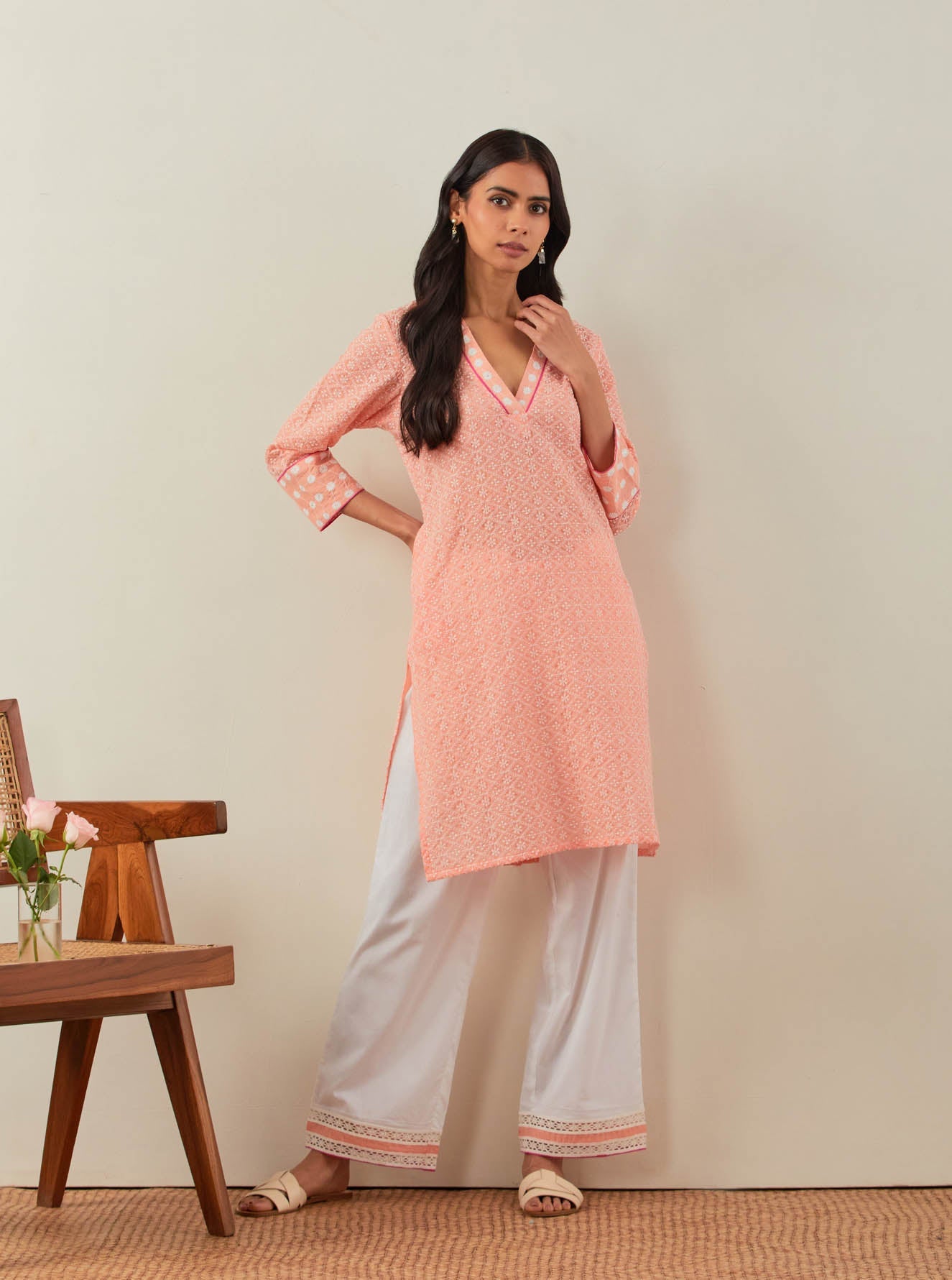 Peach Chikankari Kali Short Kurta and Palazzo with lace detail (Set of 2) - The Indian Cause