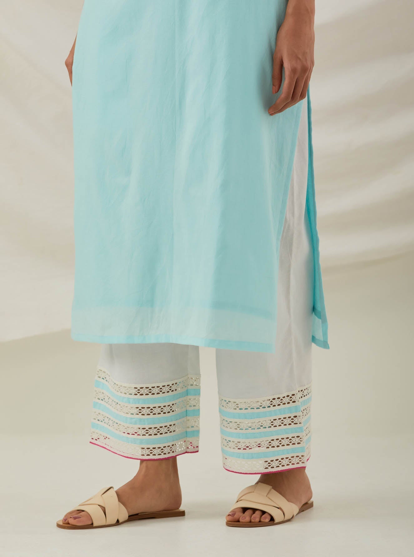 Blue Plain Rooh Straight Kurta With Chikankari Yoke Details and Palazzo with wide lace detail (Set of 2) - The Indian Cause
