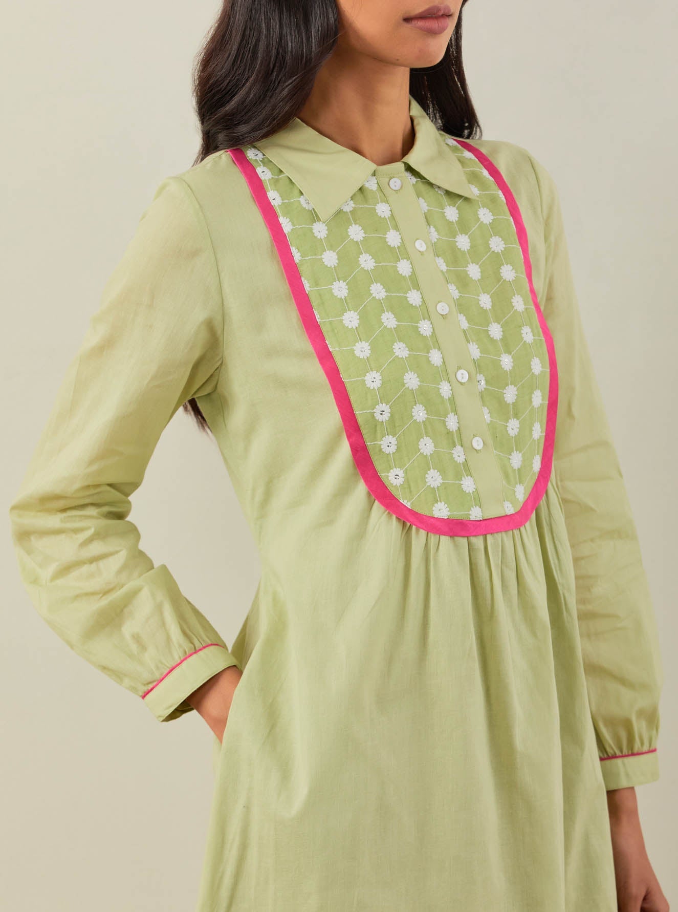Green Plain Zaid Collared Long Dress With Chikankari Yoke - The Indian Cause