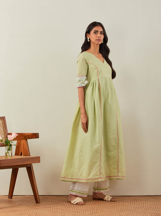 Green Plain Markab Anarkali Kurta With Chikankari Border and Palazzo with lace detail (Set of 2) - The Indian Cause