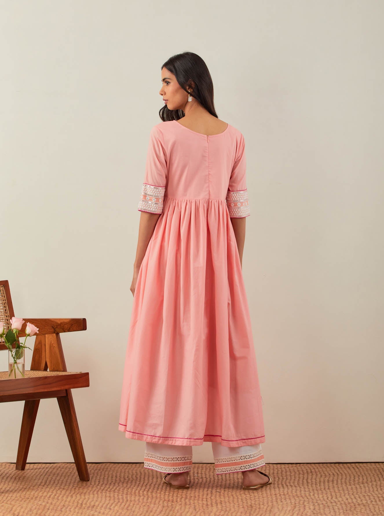 Peach Plain Markab Anarkali Kurta With Chikankari Border - The Indian Cause